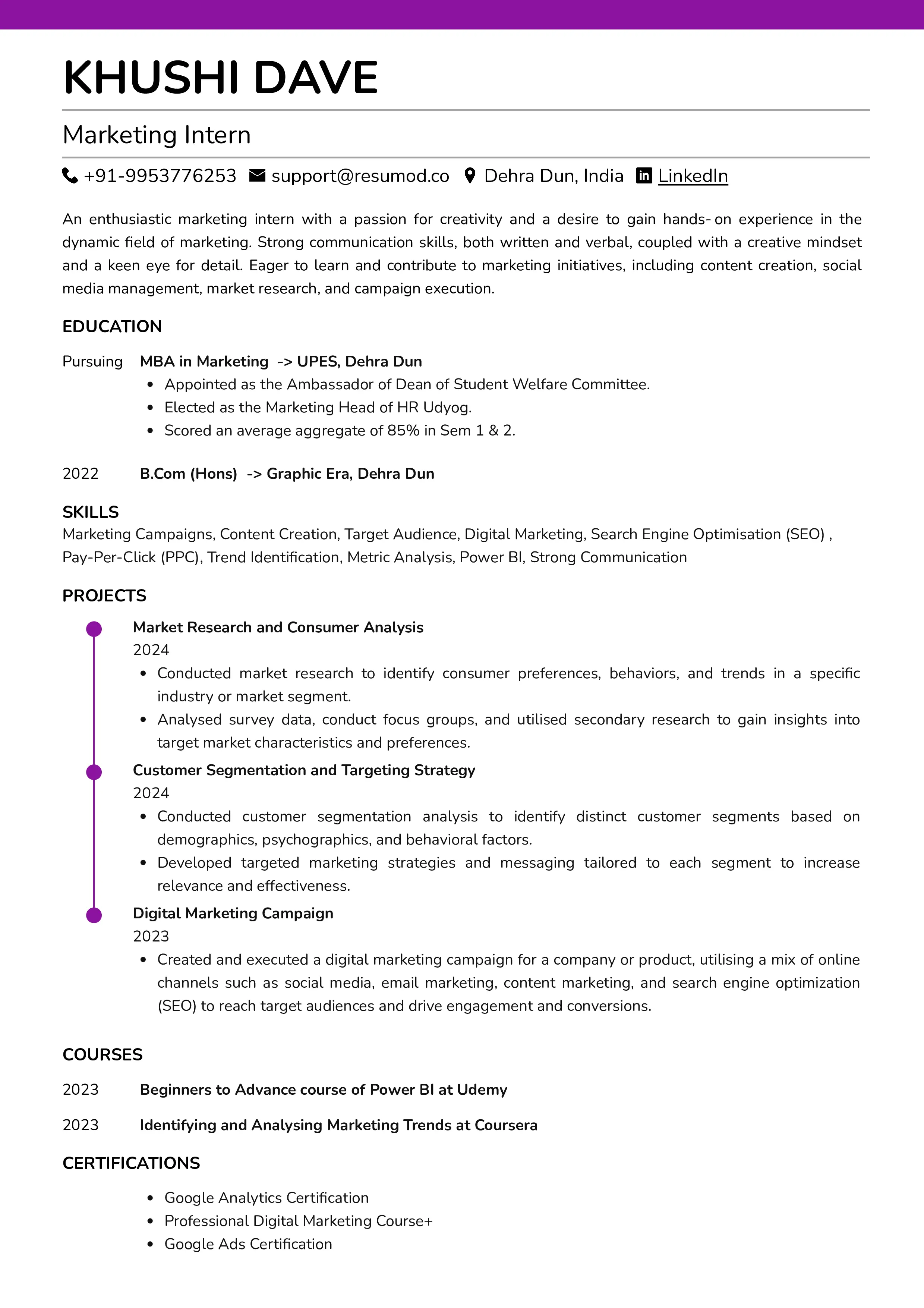 Sample Resume of Marketing Intern | Free Resume Templates & Samples on Resumod.co