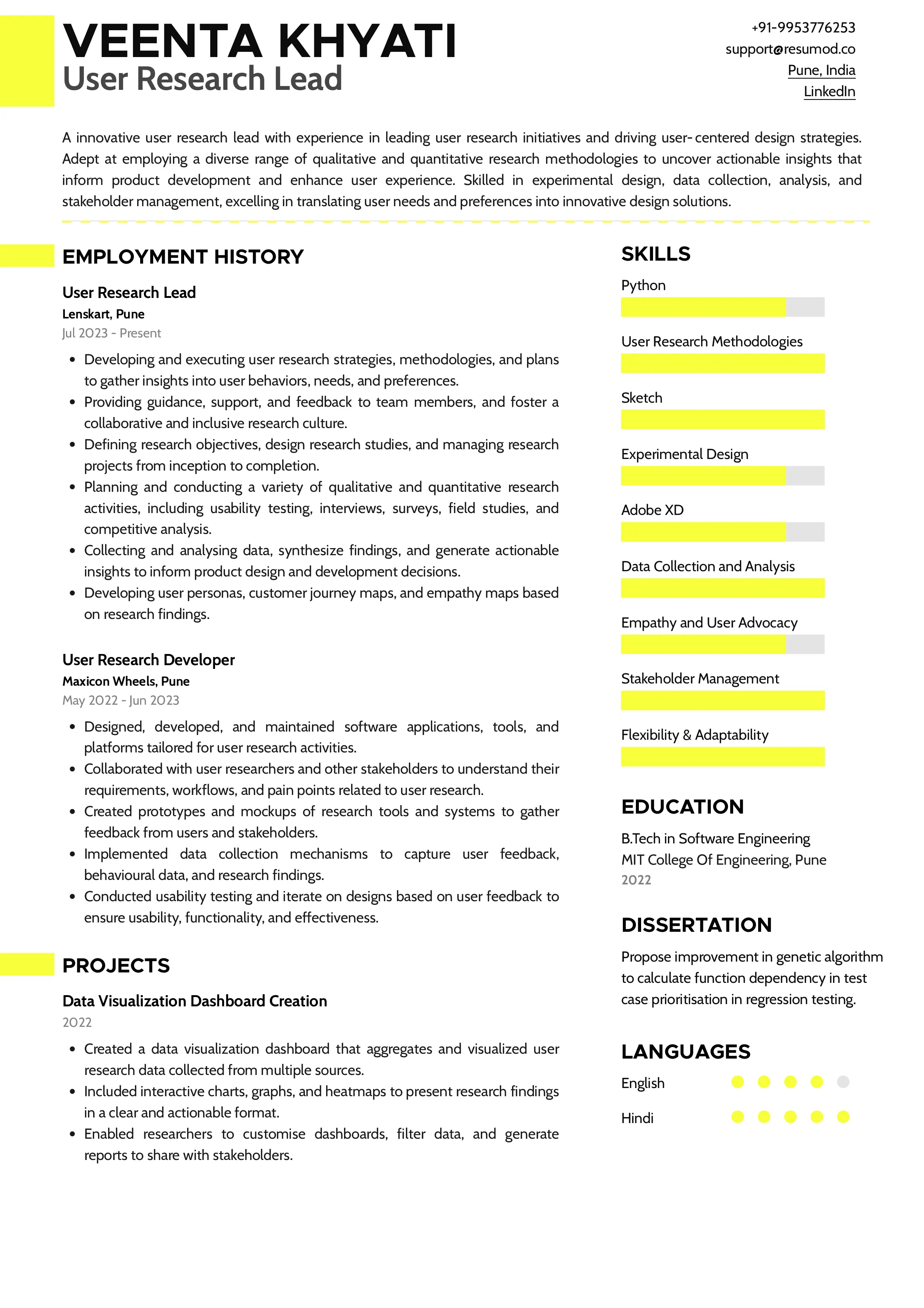 Sample Resume of User Research Lead | Free Resume Templates & Samples on Resumod.co