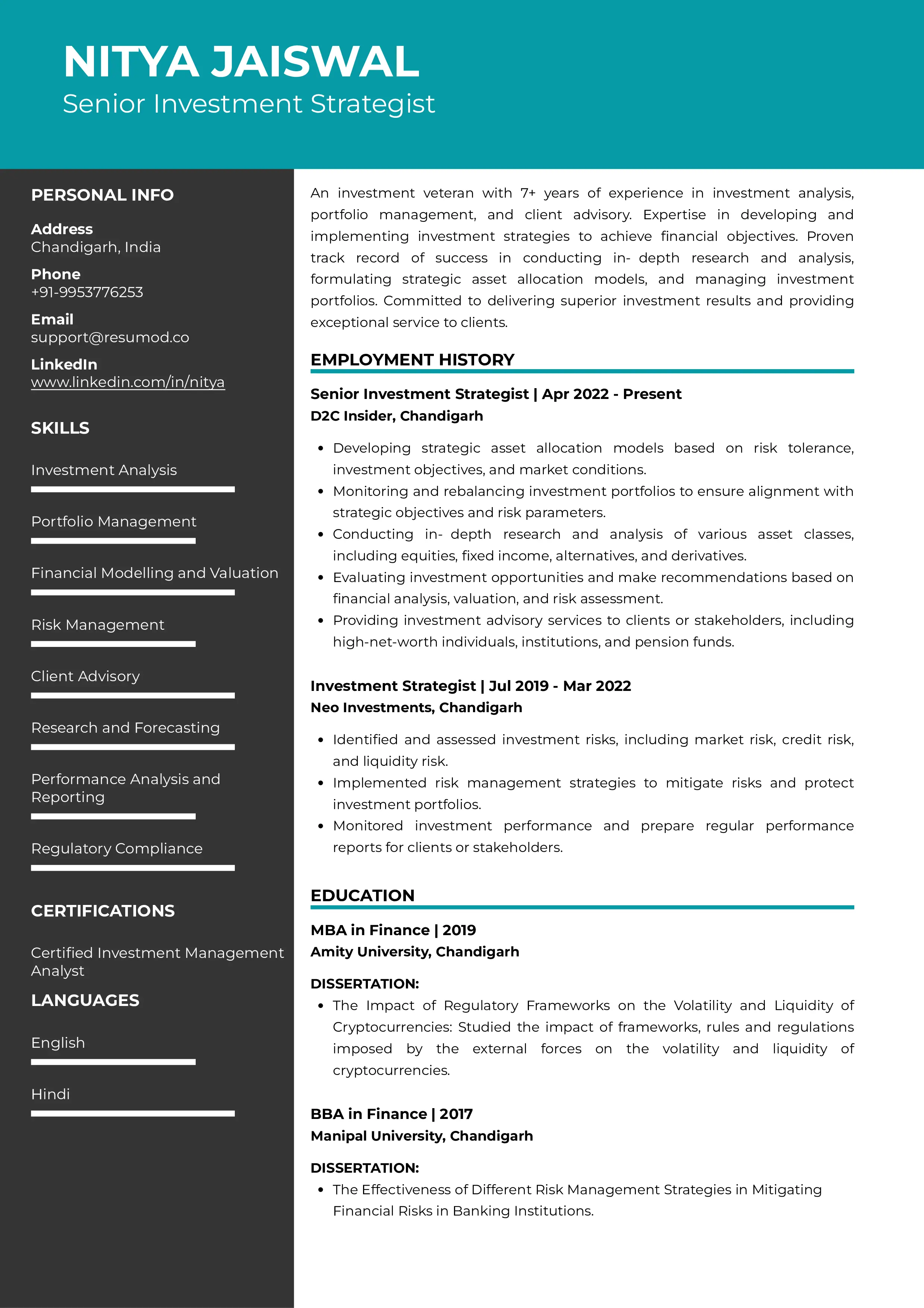 Sample Resume of Senior Investment Strategist | Free Resume Templates & Samples on Resumod.co