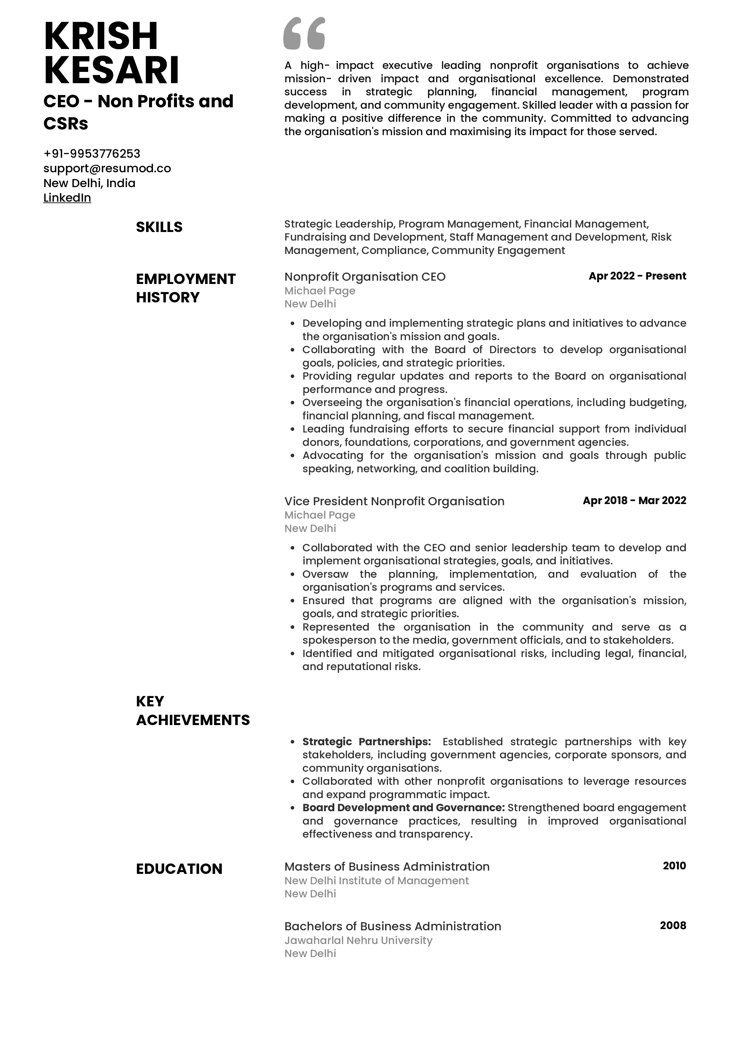Sample Resume of Non-Profit Organisation CEO | Free Resume Templates & Samples on Resumod.co