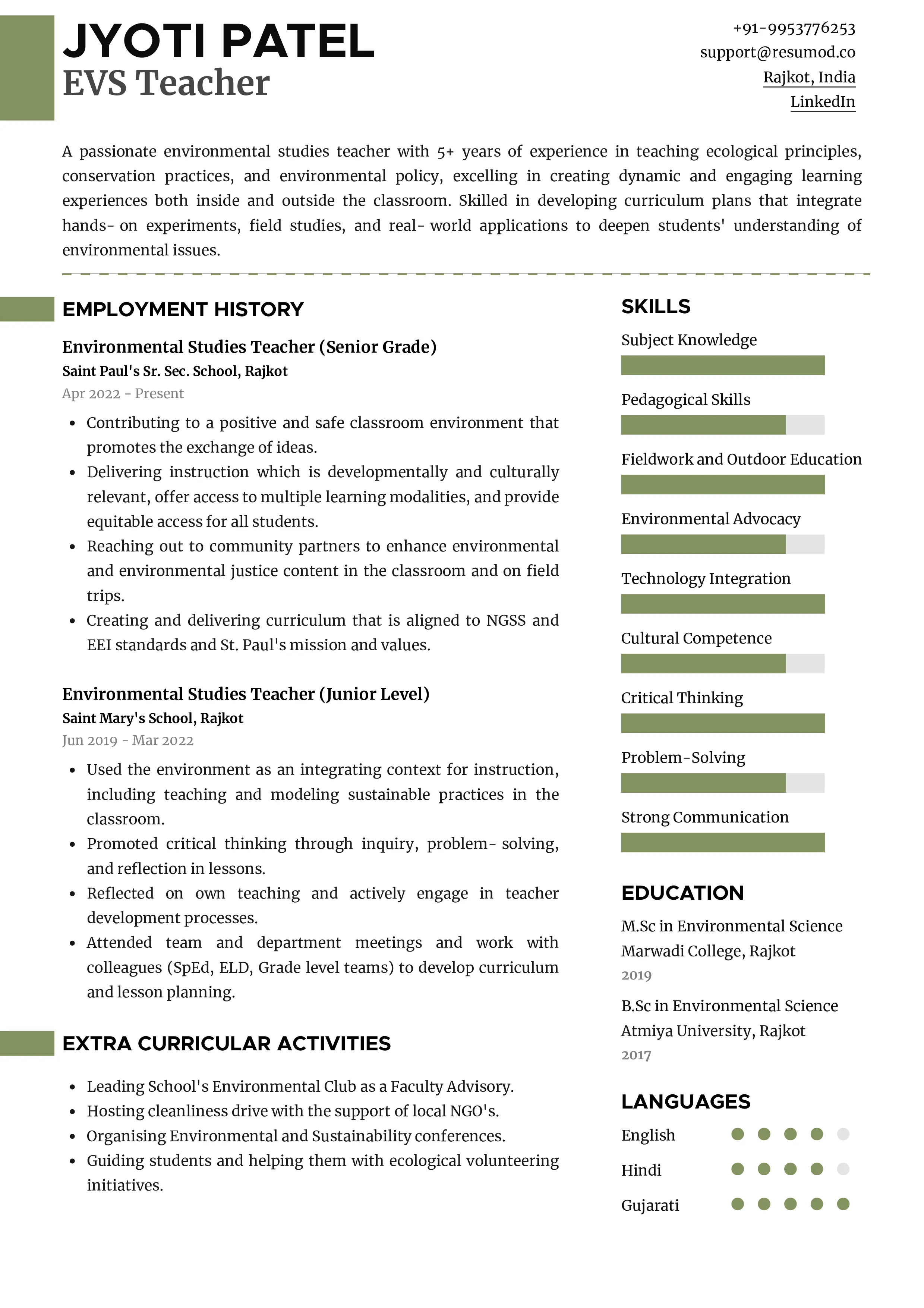 Sample Resume of EVS Teacher | Free Resume Templates & Samples on Resumod.co