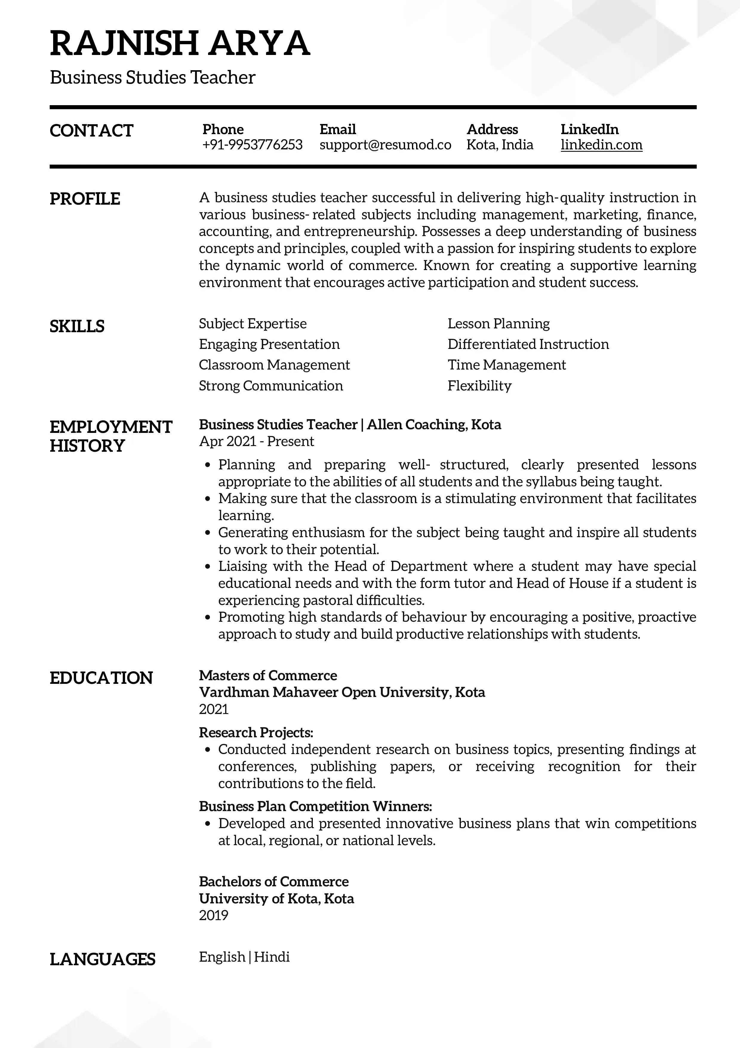 Sample Resume of Business Studies Teacher | Free Resume Templates & Samples on Resumod.co