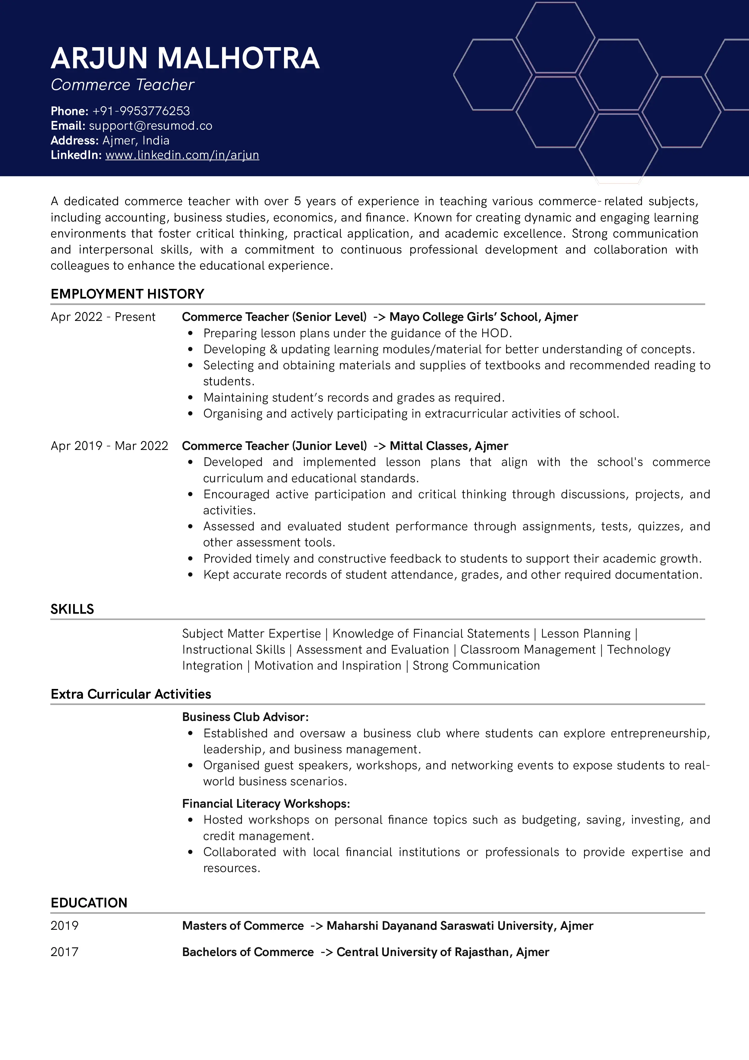 Sample Resume of Commerce Teacher | Free Resume Templates & Samples on Resumod.co