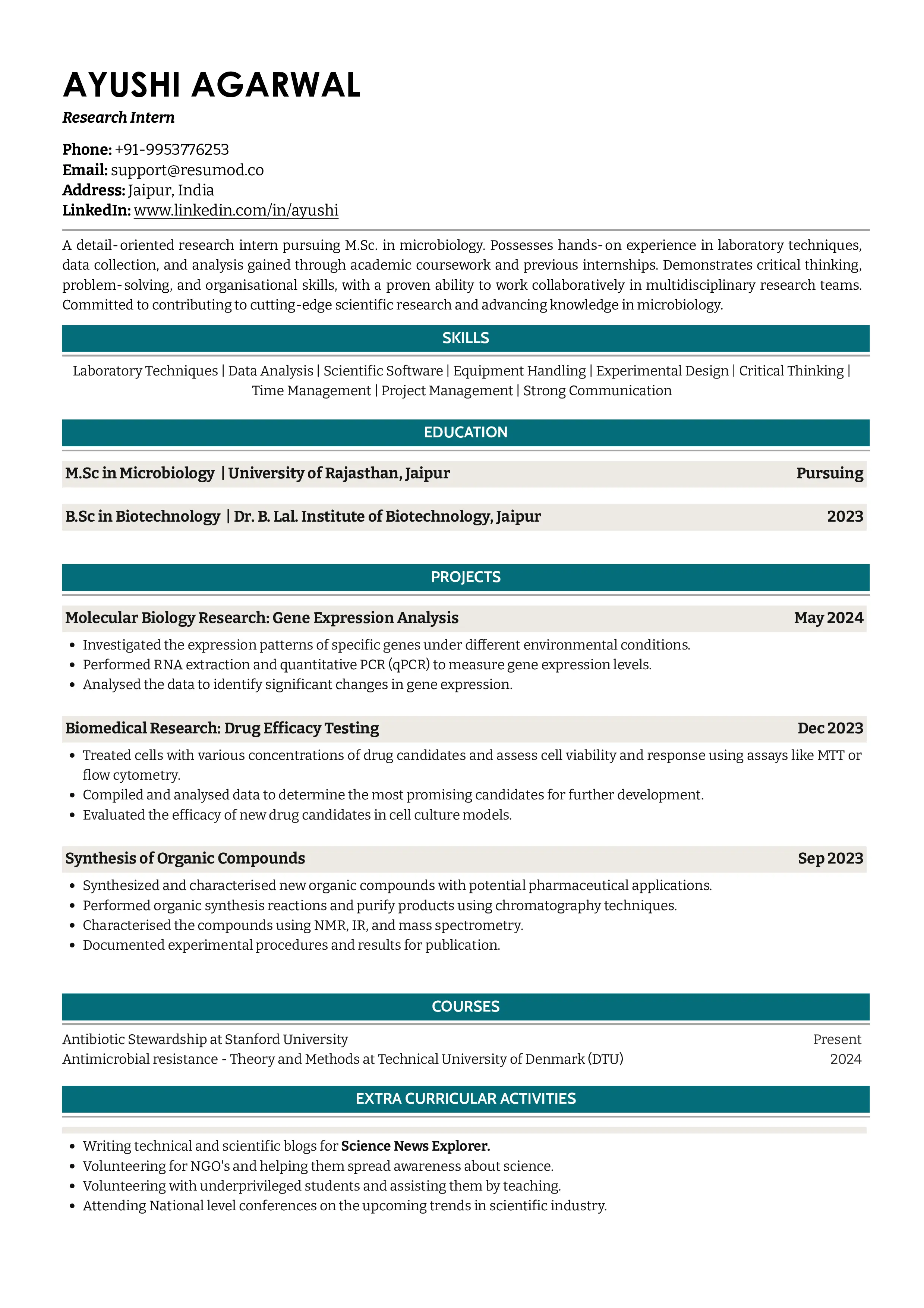 Sample Resume of Research Intern | Free Resume Templates & Samples on Resumod.co