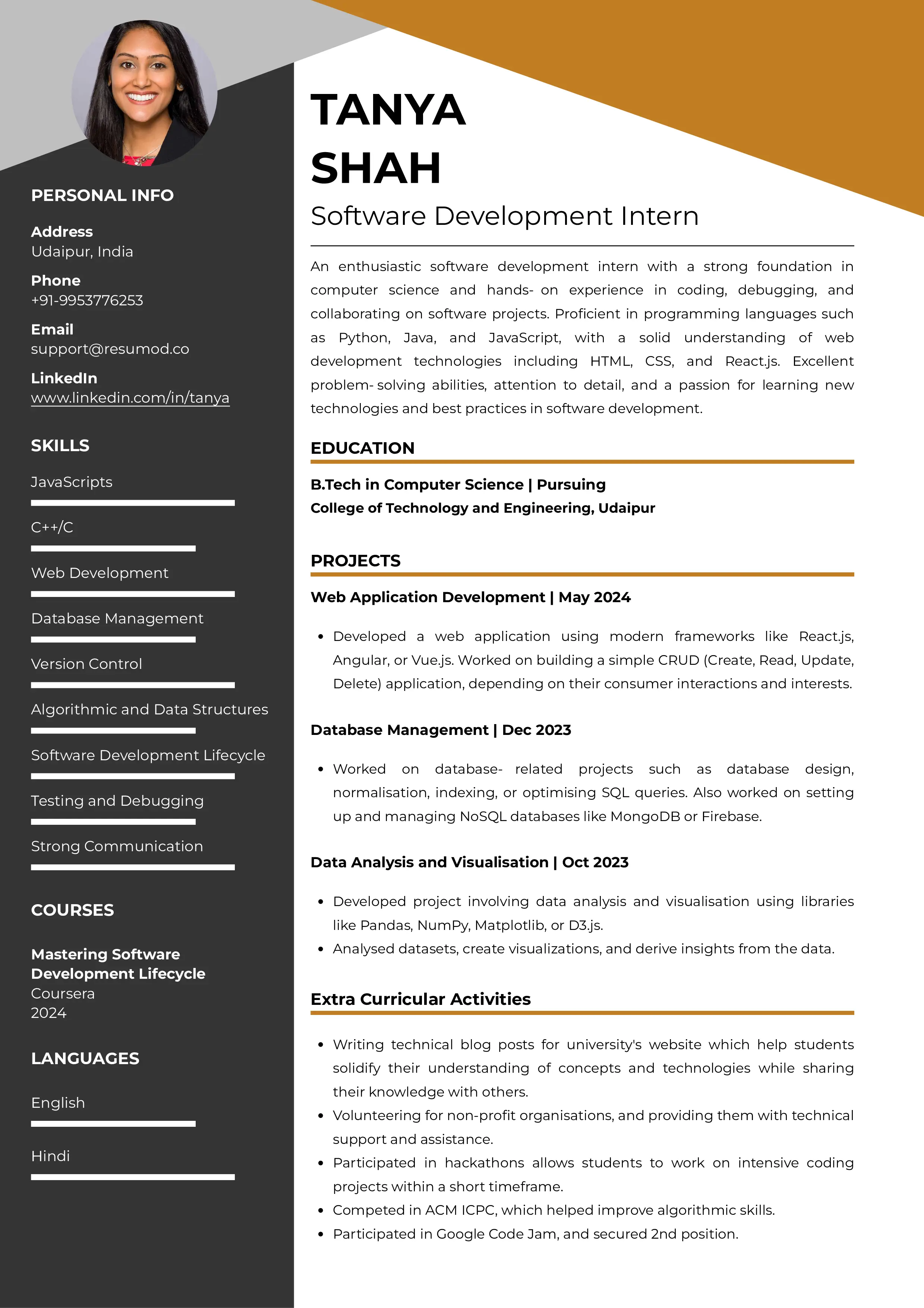 Sample Resume of Software Development Intern | Free Resume Templates & Samples on Resumod.co