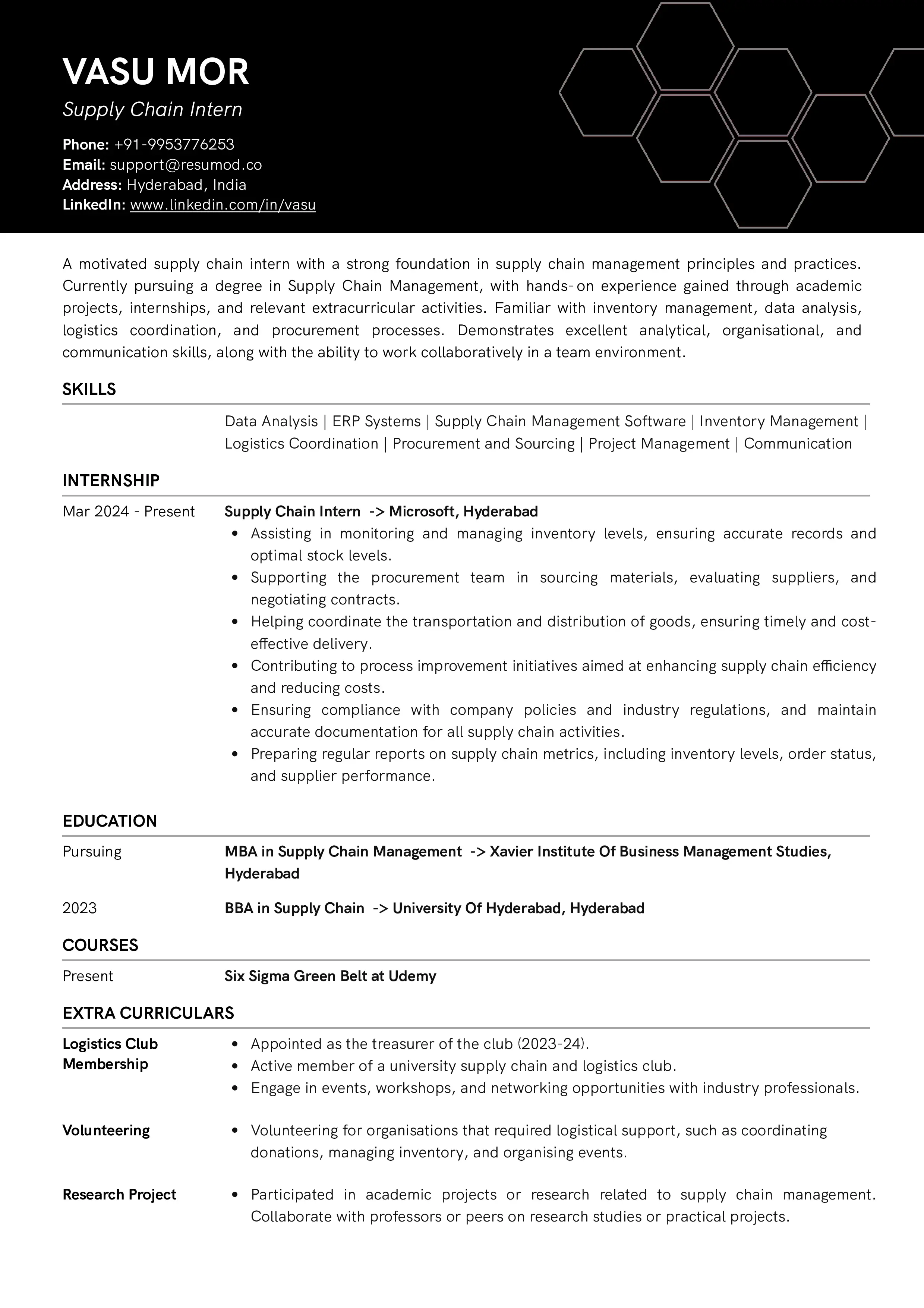 Sample Resume of Supply Chain Management Intern | Free Resume Templates & Samples on Resumod.co