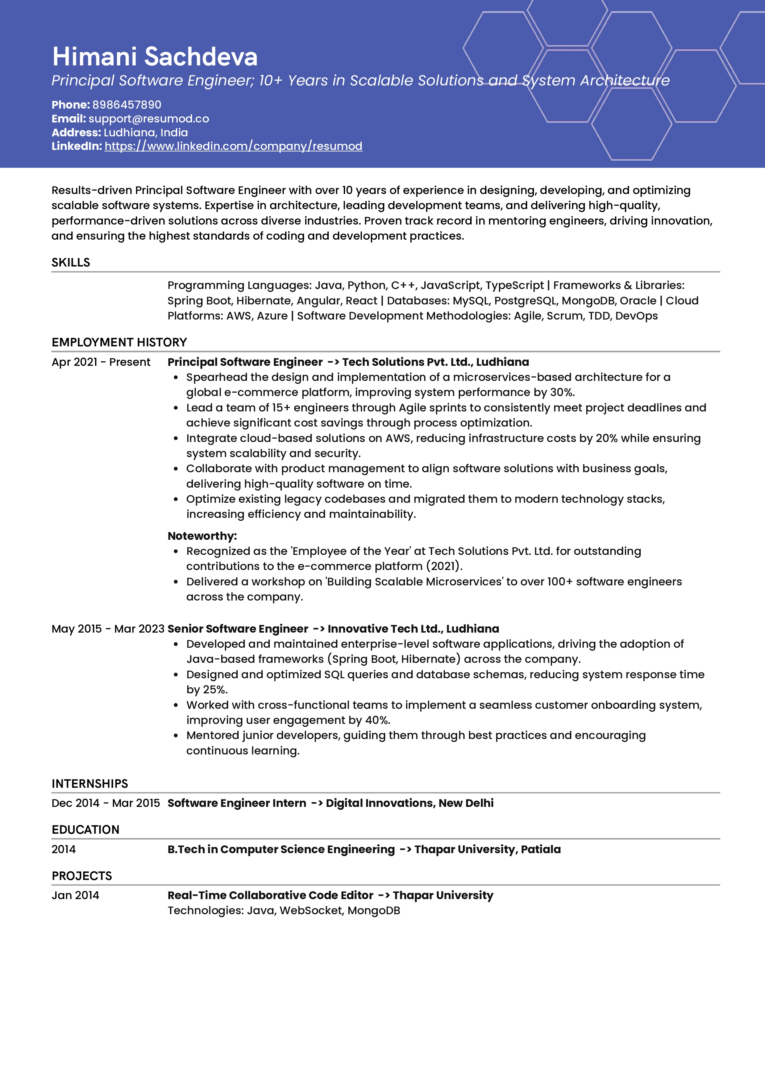 Sample Resume of Principal Software Engineer | Free Resume Templates & Samples on Resumod.co