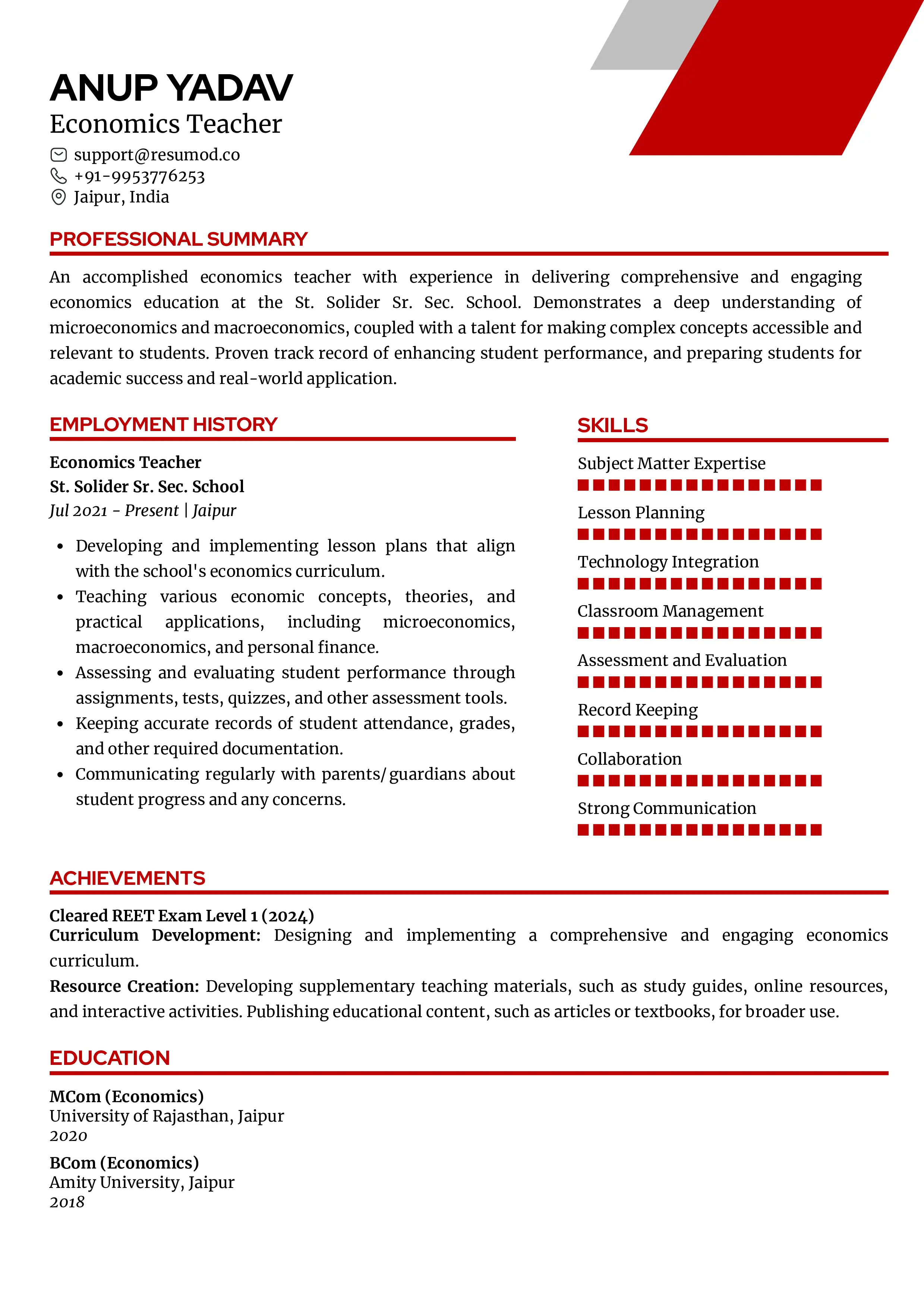 Sample Resume of Economics Teacher | Free Resume Templates & Samples on Resumod.co