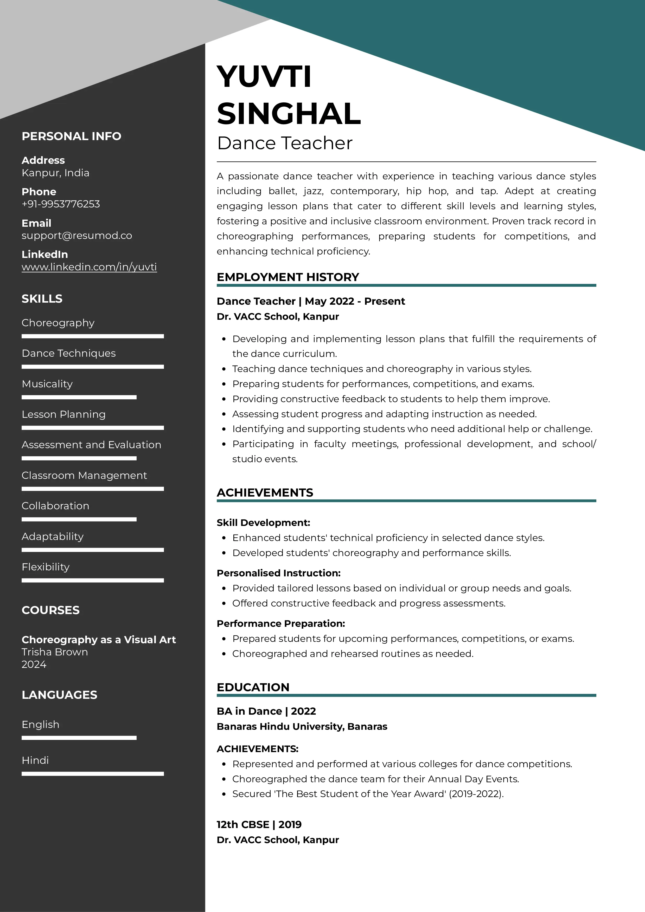 Sample Resume of Dance Teacher | Free Resume Templates & Samples on Resumod.co