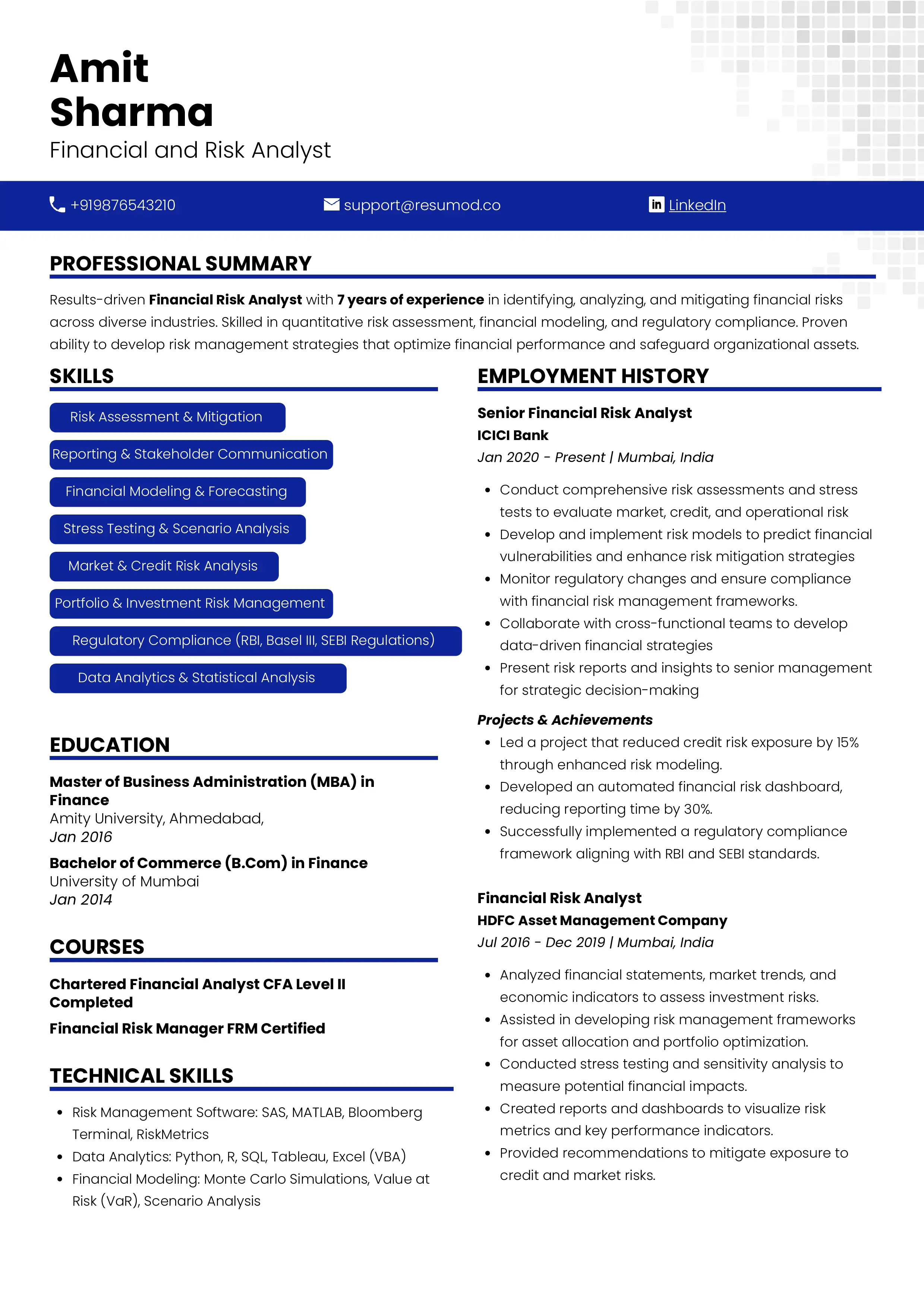 Sample Resume of Financial Risk Analyst | Free Resume Templates & Samples on Resumod.co