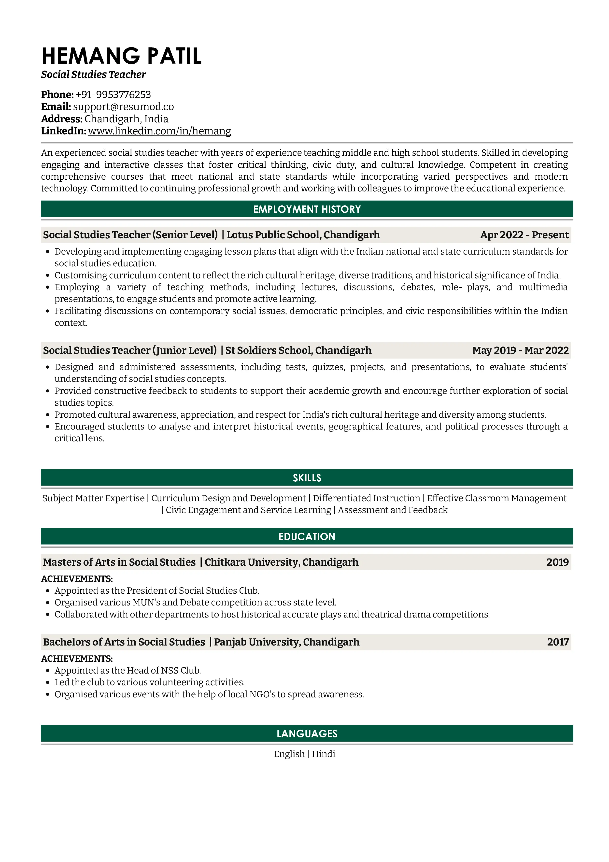 Sample Resume of Social Studies Teacher | Free Resume Templates & Samples on Resumod.co