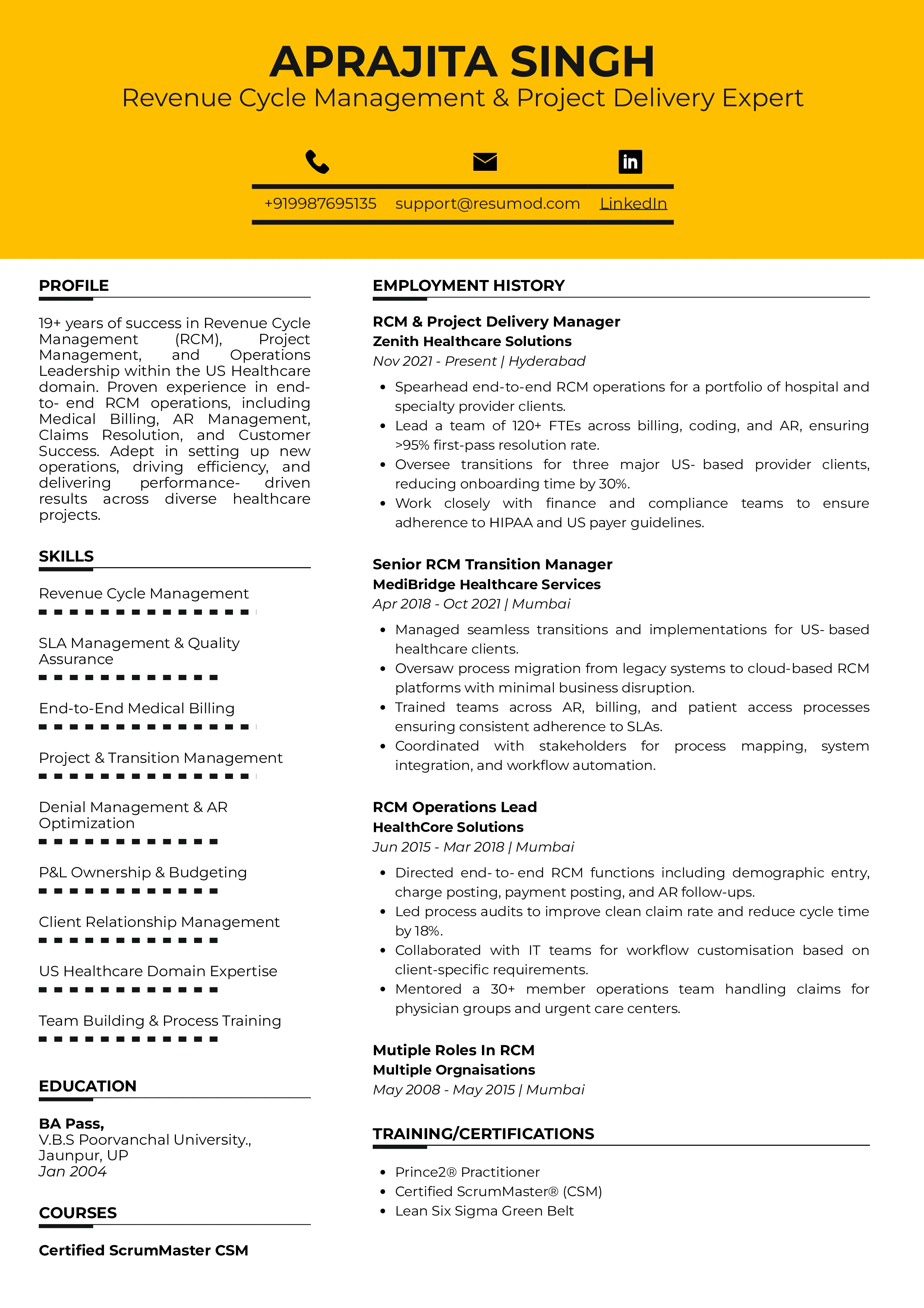 Sample Resume of Revenue Cycle Manager (RCM) | Free Resume Templates & Samples on Resumod.co