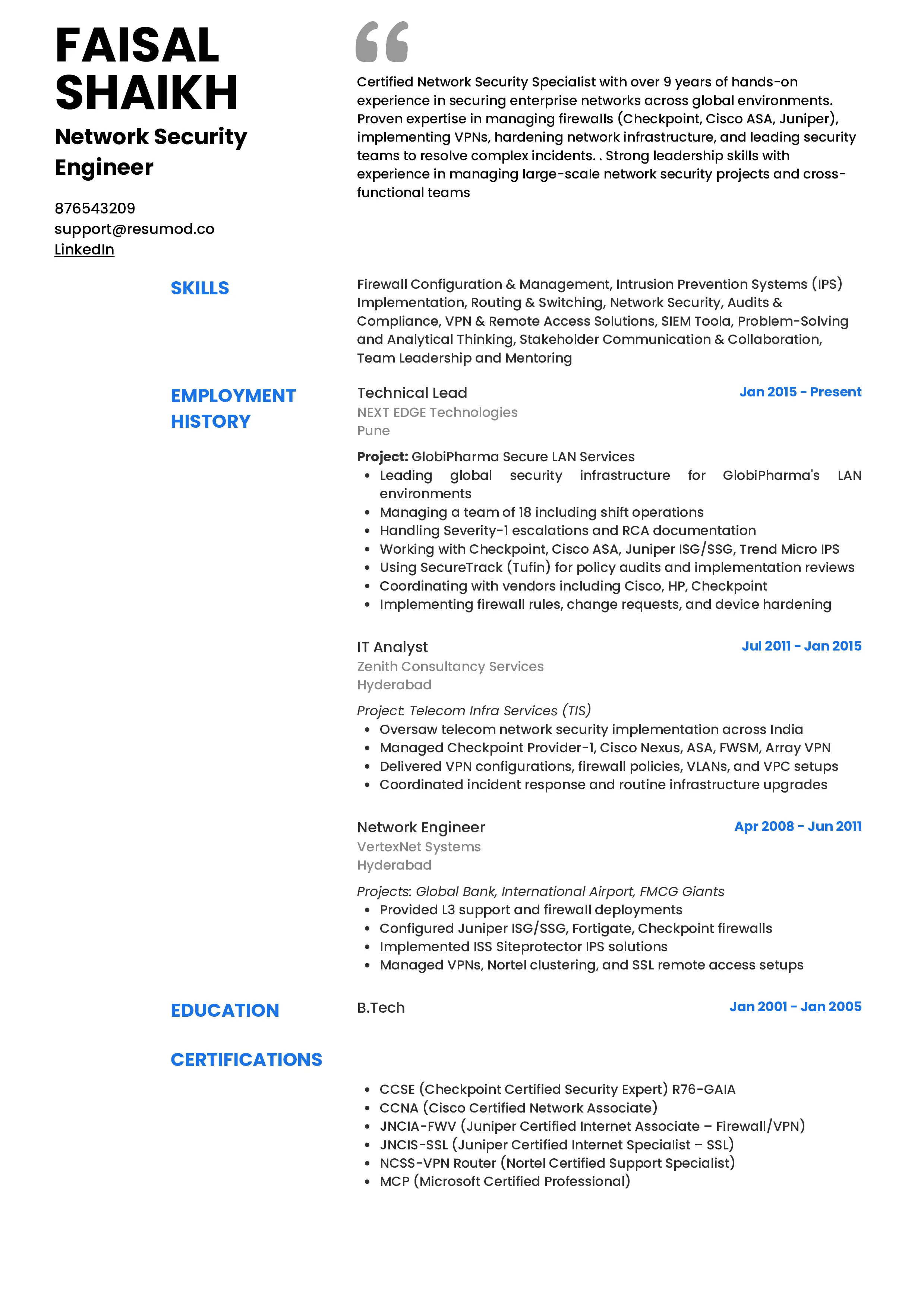 Sample Resume of Network Security Engineer | Free Resume Templates & Samples on Resumod.co
