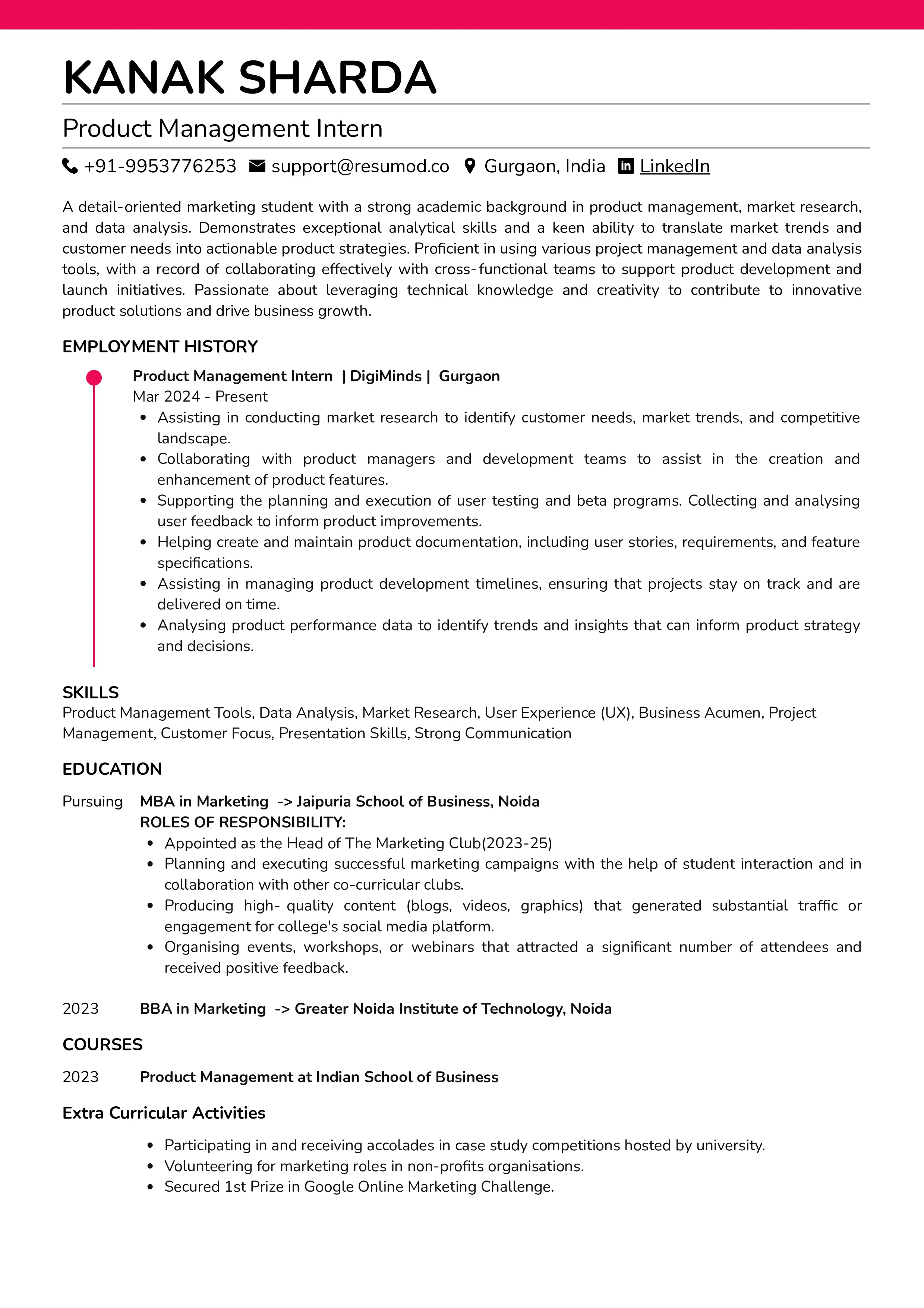 Sample Resume of Product Management Intern | Free Resume Templates & Samples on Resumod.co
