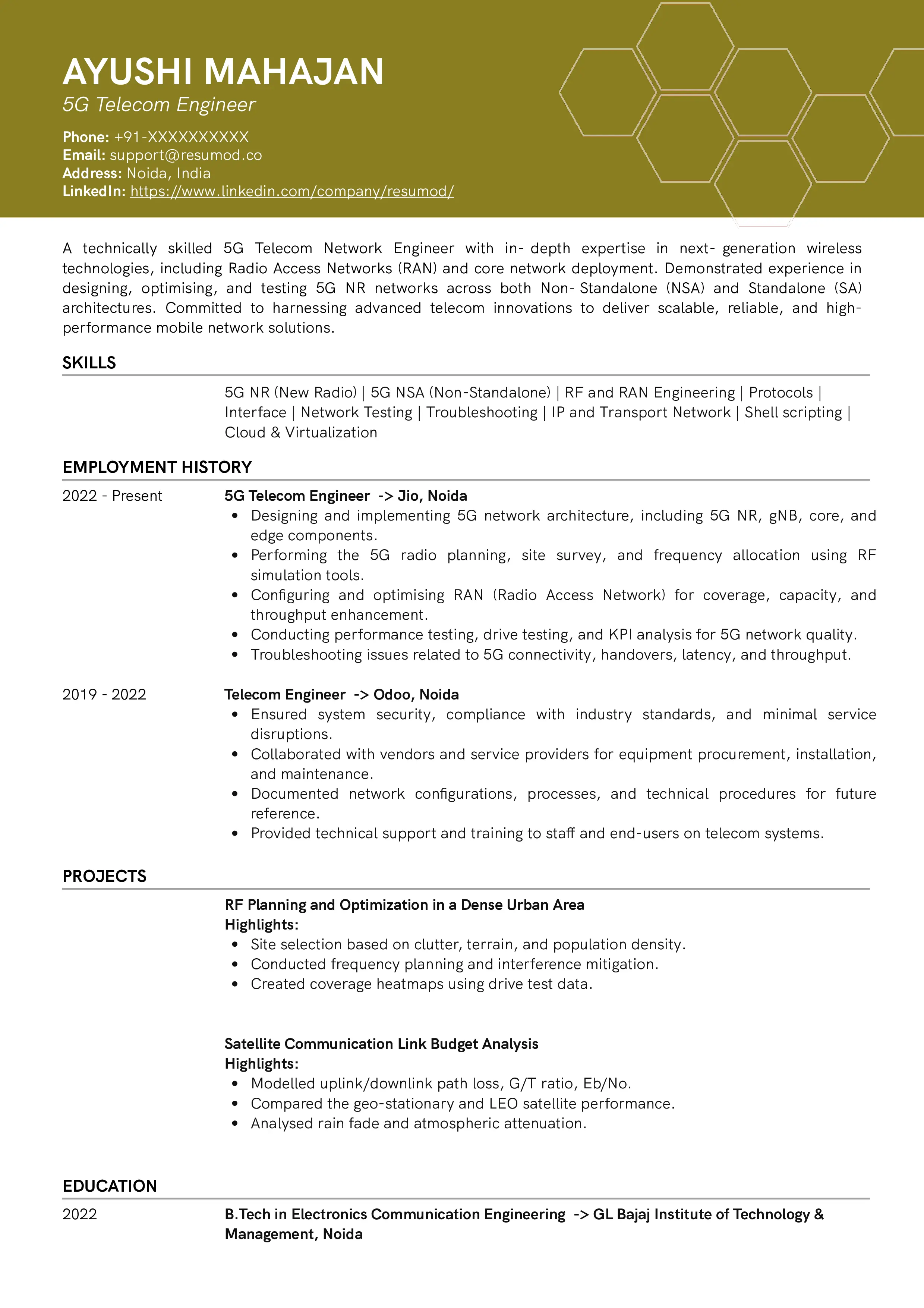 Sample Resume of 5G Telecom Engineer | Free Resume Templates & Samples on Resumod.co