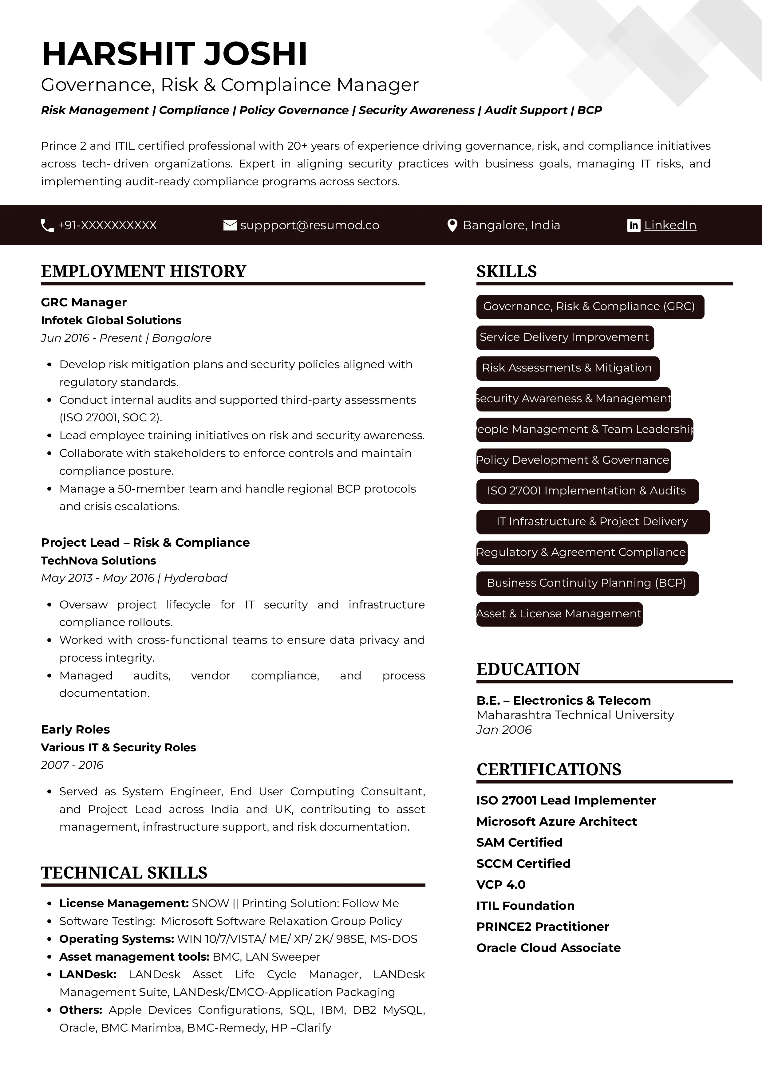 Sample Resume of Governance, Risk & Compliance Manager | Free Resume Templates & Samples on Resumod.co