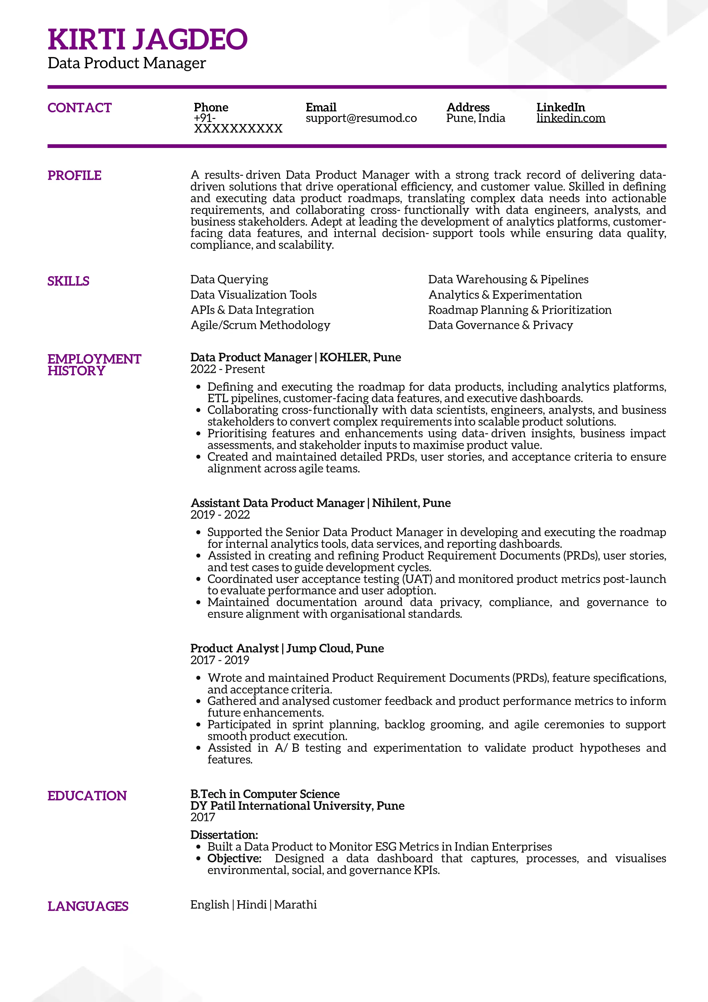 Sample Resume of Data Product Manager | Free Resume Templates & Samples on Resumod.co