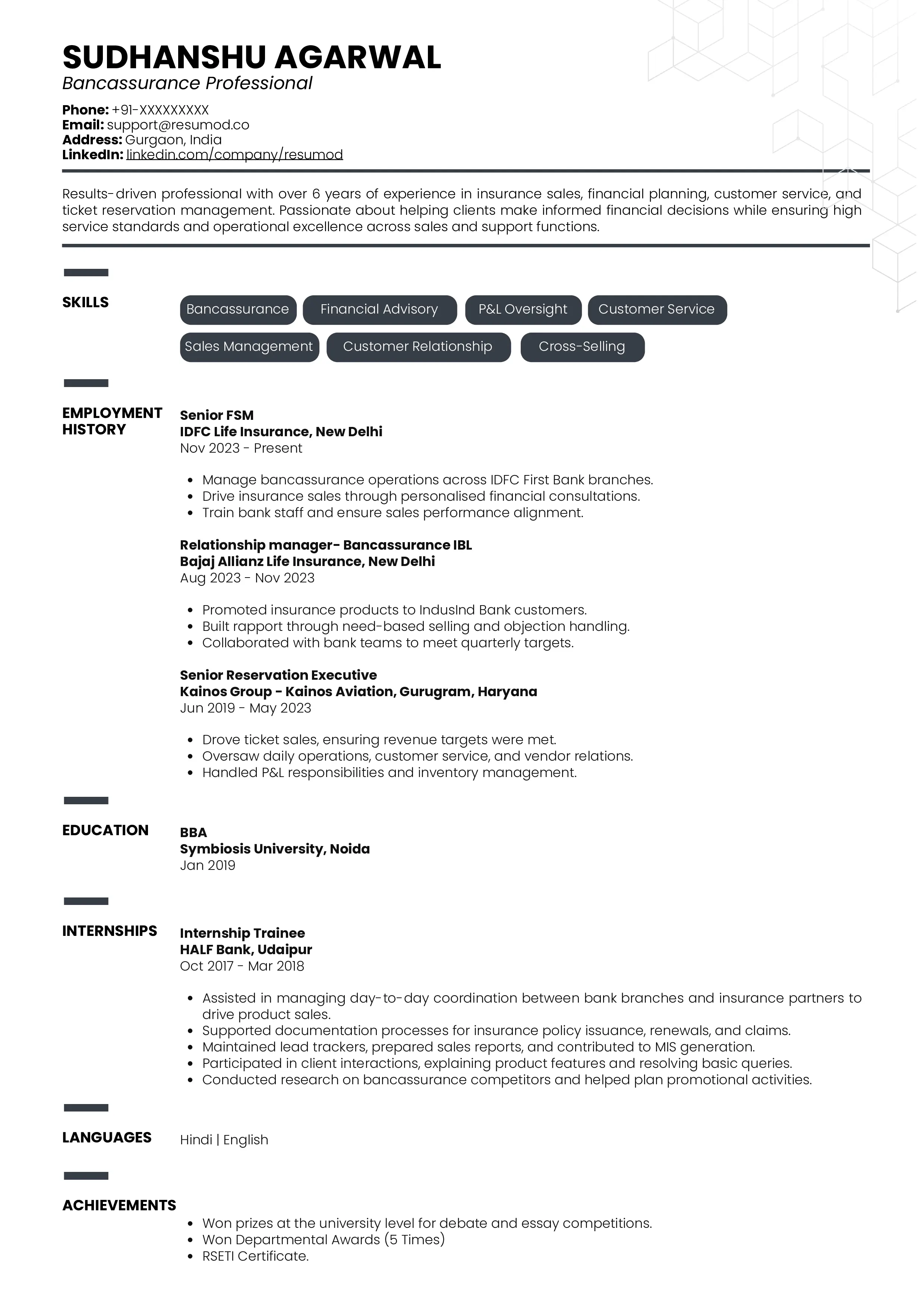 Sample Resume of Bancassurance Professional | Free Resume Templates & Samples on Resumod.co