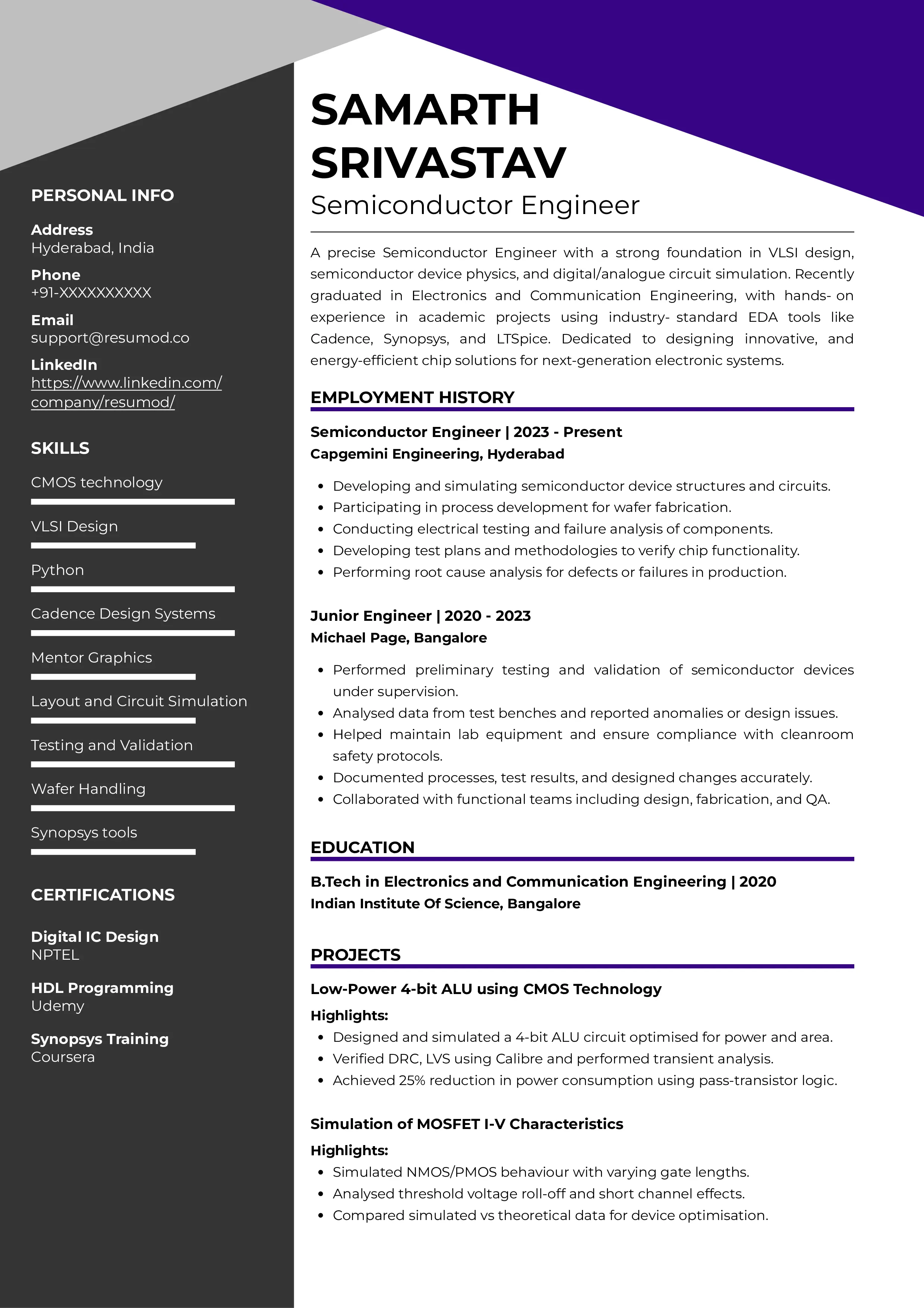 Sample Resume of Semiconductor Engineer | Free Resume Templates & Samples on Resumod.co