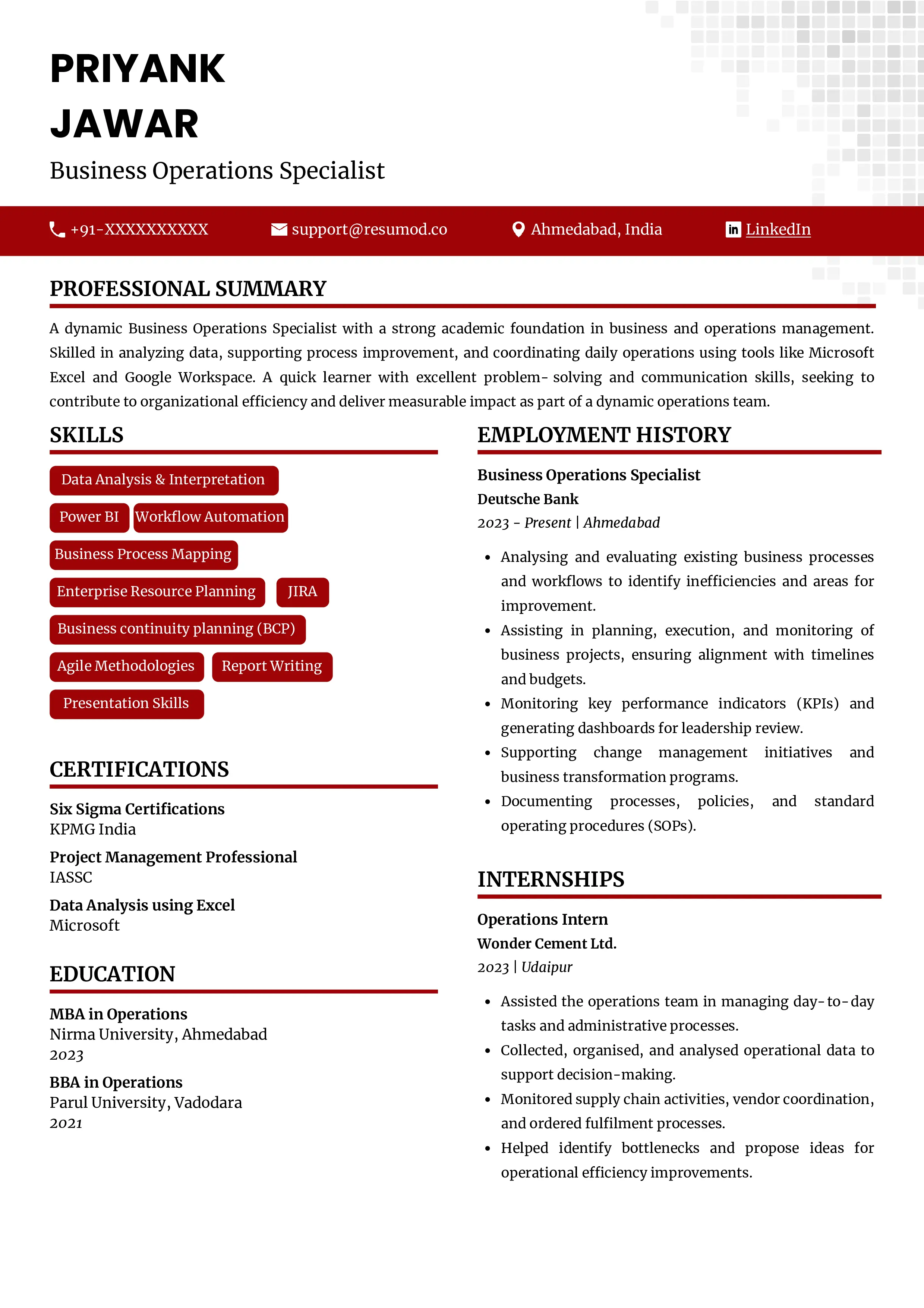 Sample Resume of Business Operations Specialist | Free Resume Templates & Samples on Resumod.co