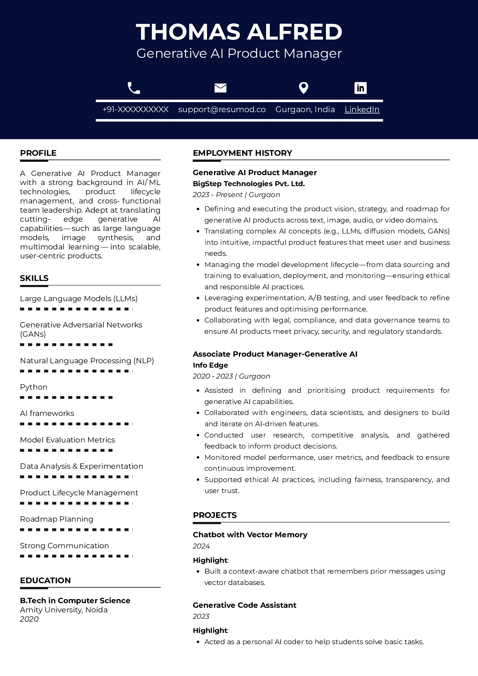 Sample Resume of Generative AI Product Manager | Free Resume Templates & Samples on Resumod.co