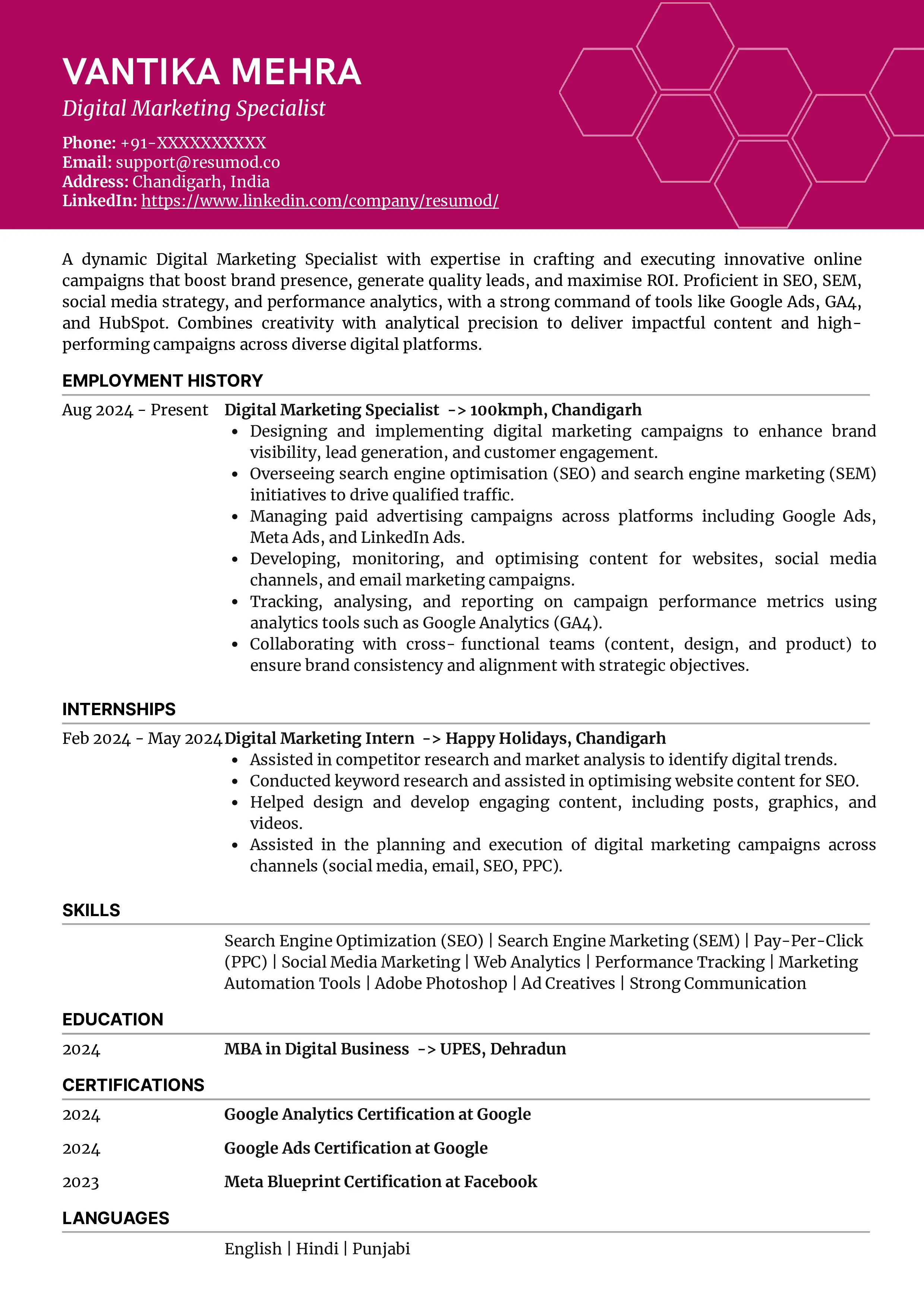 Sample Resume of Digital Marketing Specialist | Free Resume Templates & Samples on Resumod.co