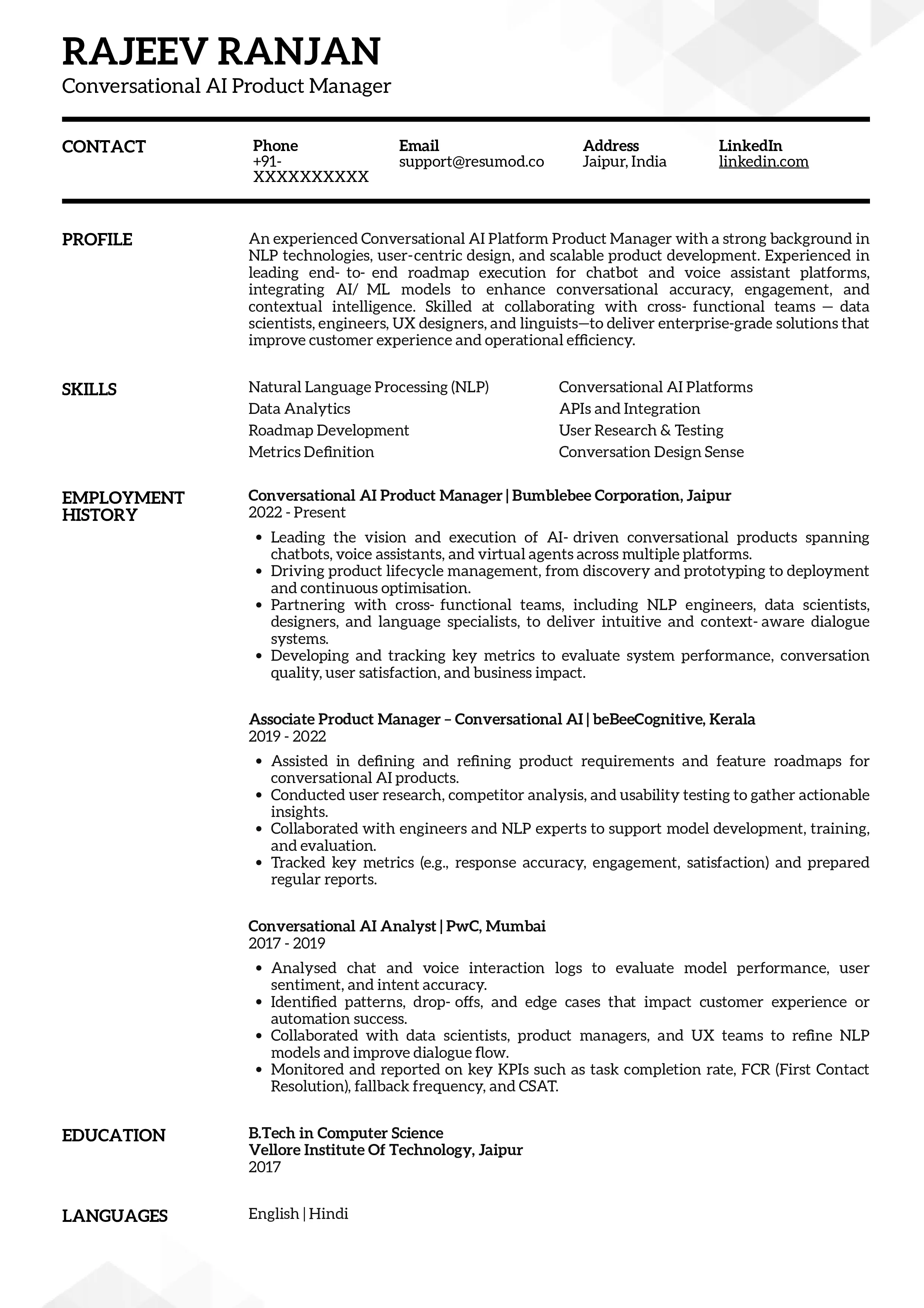 Sample Resume of Conversational AI Product Manager | Free Resume Templates & Samples on Resumod.co