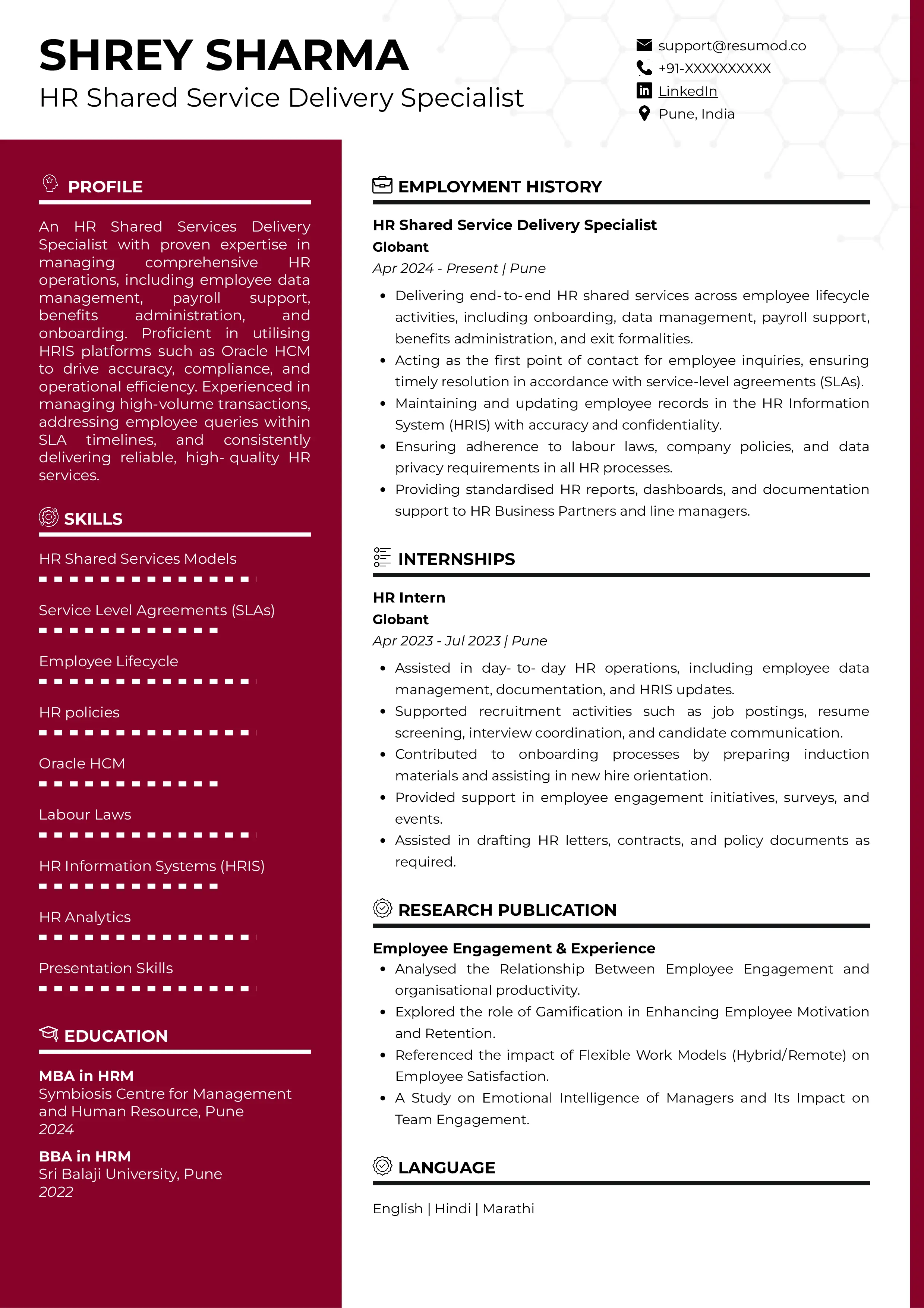 Sample Resume of HR Shared Service Delivery Specialist | Free Resume Templates & Samples on Resumod.co