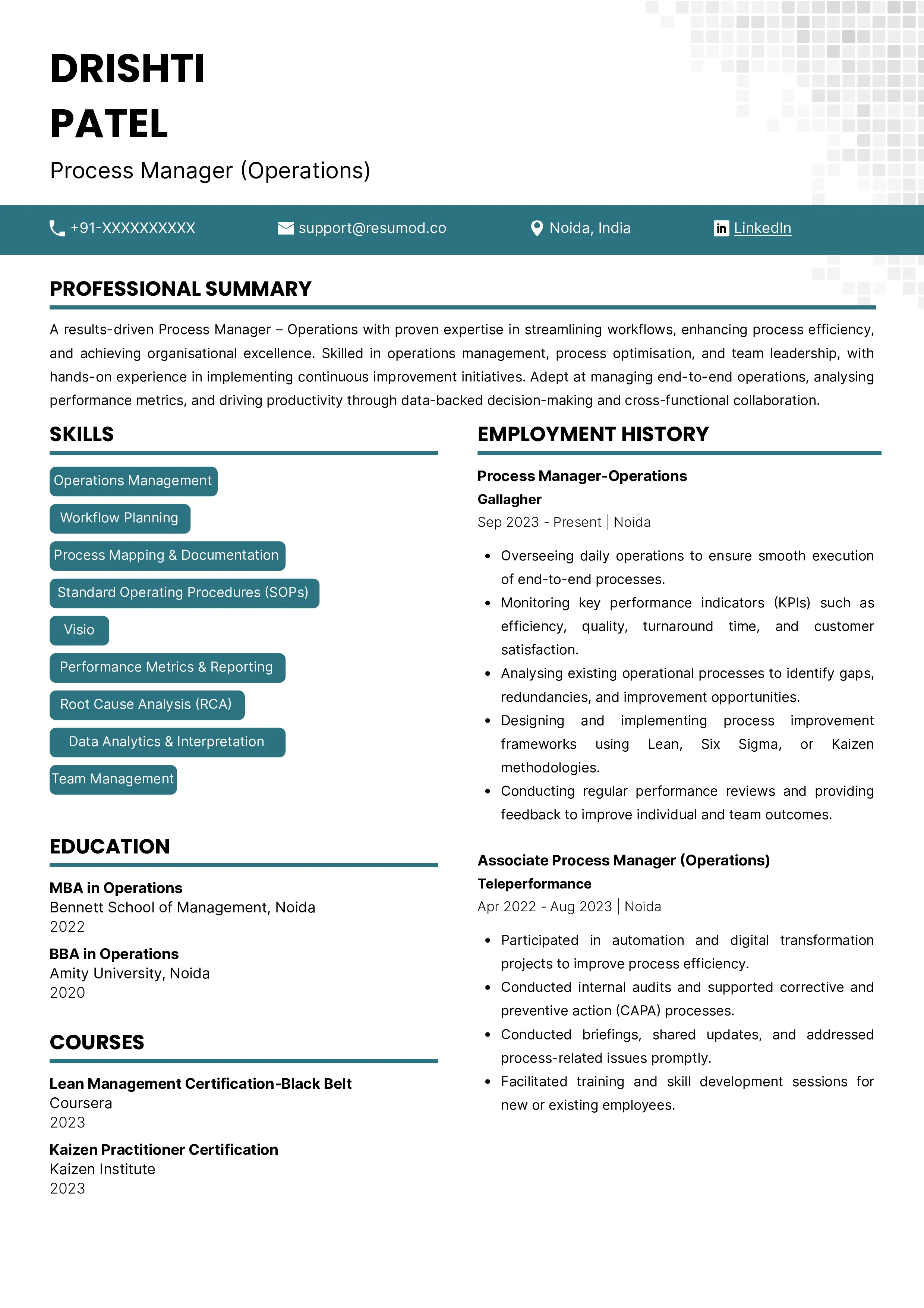 Sample Process Manager - Operations | Free Resume Templates & Samples on Resumod.co