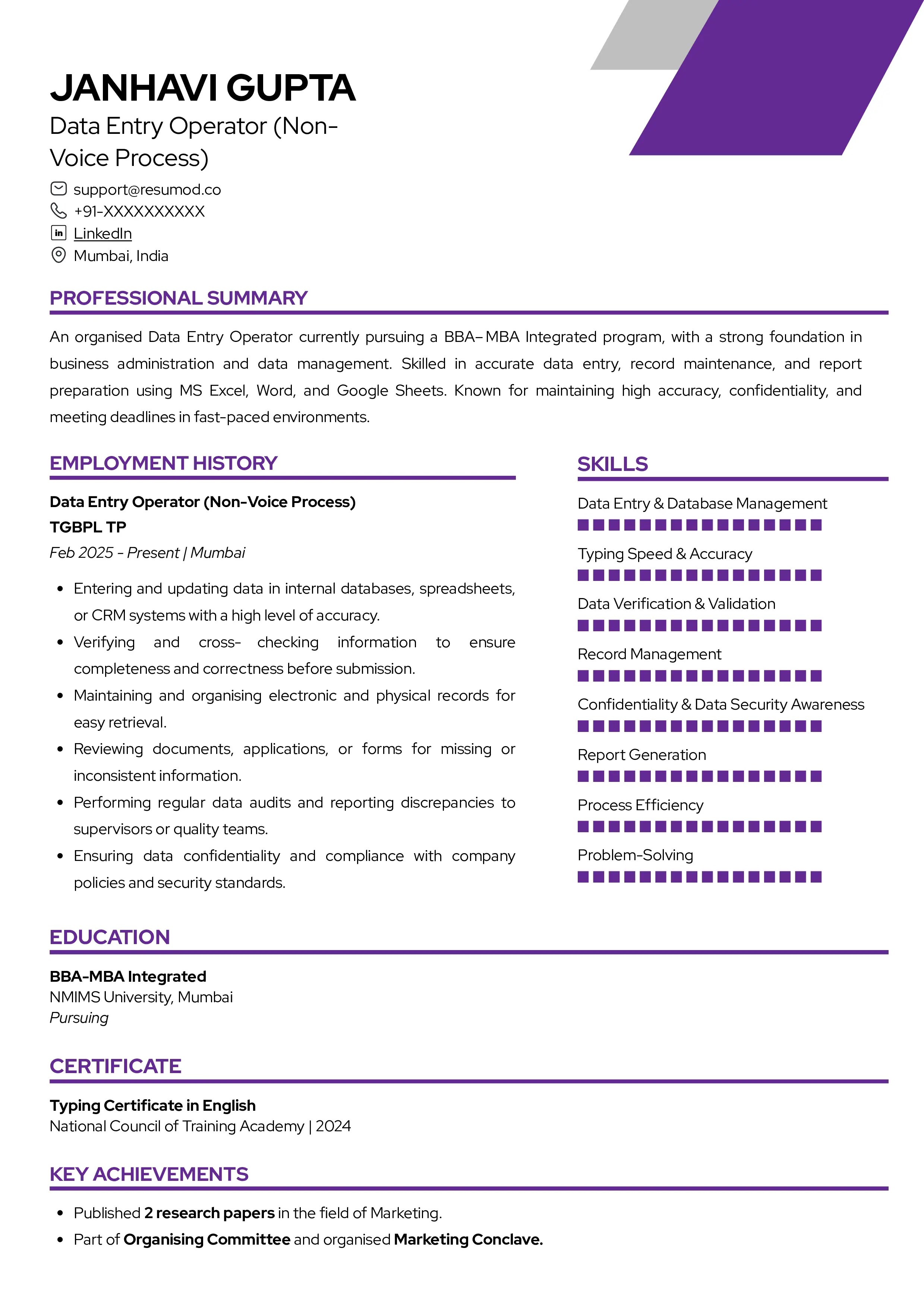 Sample Resume of Data Entry Operator (Non-Voice Process) | Free Resume Templates & Samples on Resumod.co