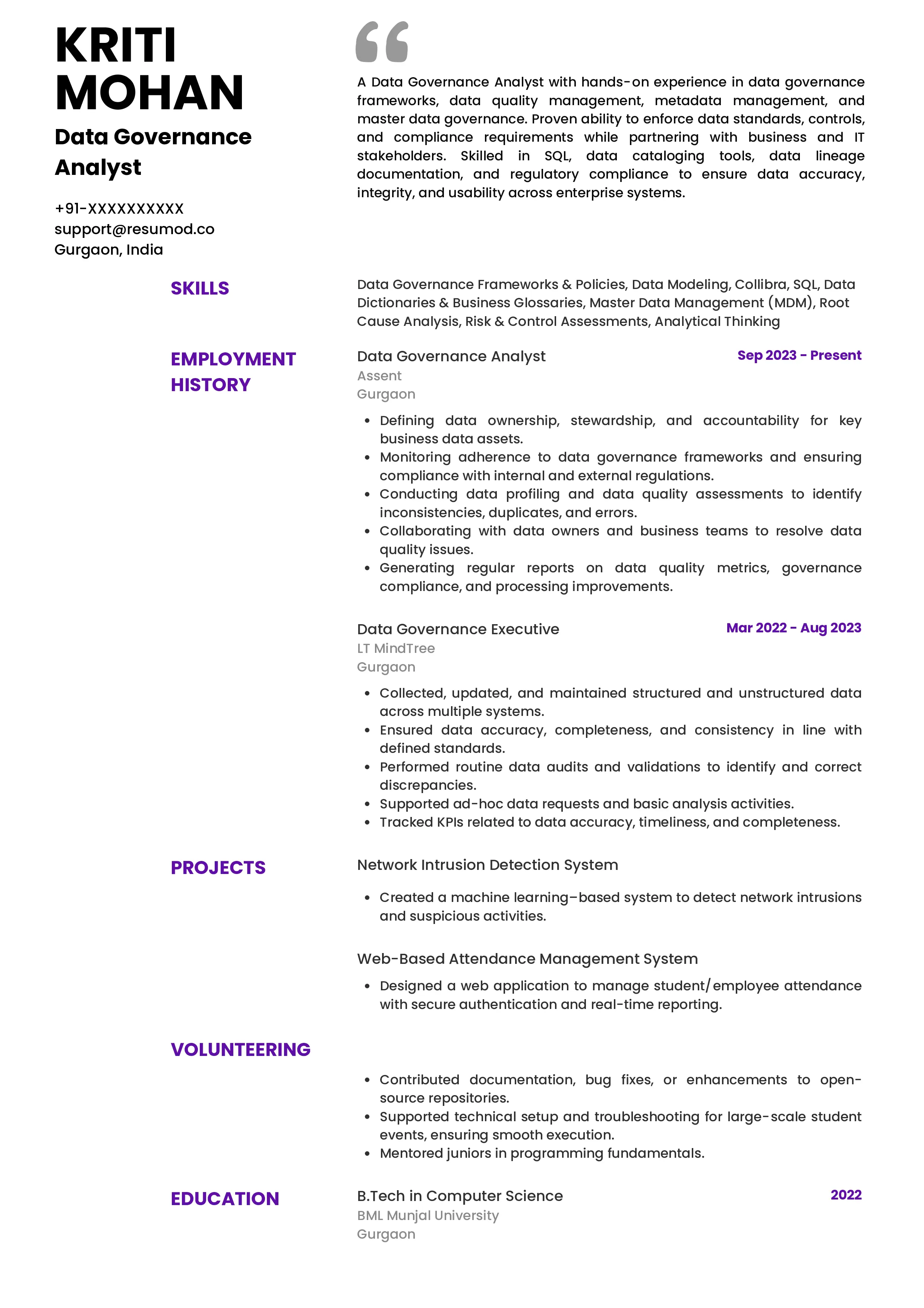 Sample Resume of Data Governance Analyst | Free Resume Templates & Samples on Resumod.co