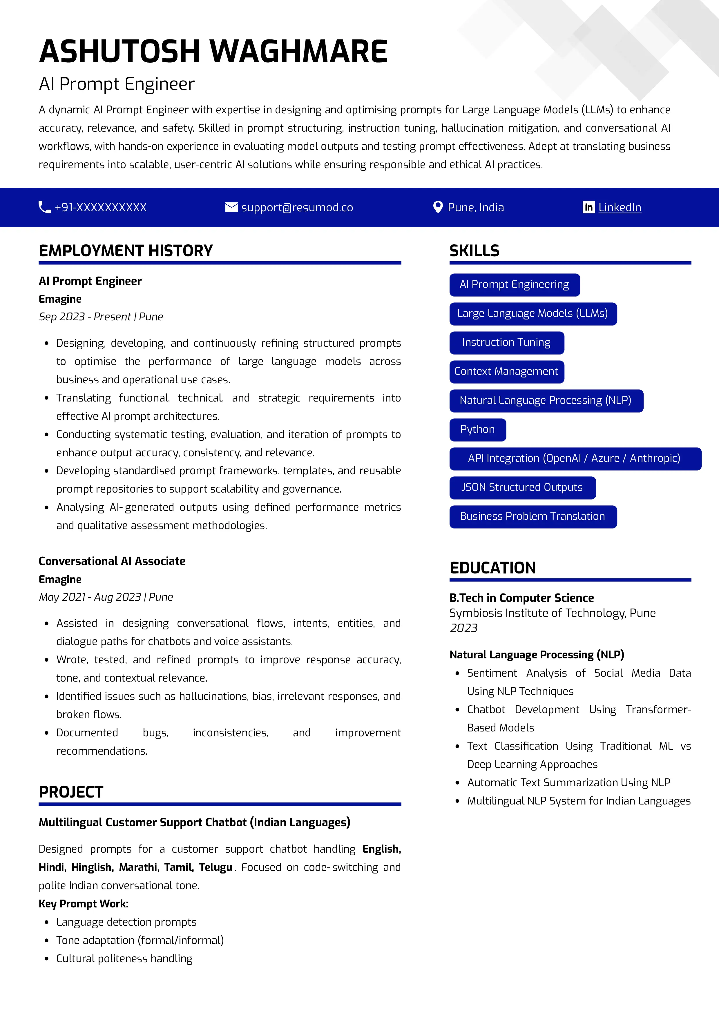 Sample Resume of AI Prompt Engineer | Free Resume Templates & Samples on Resumod.co
