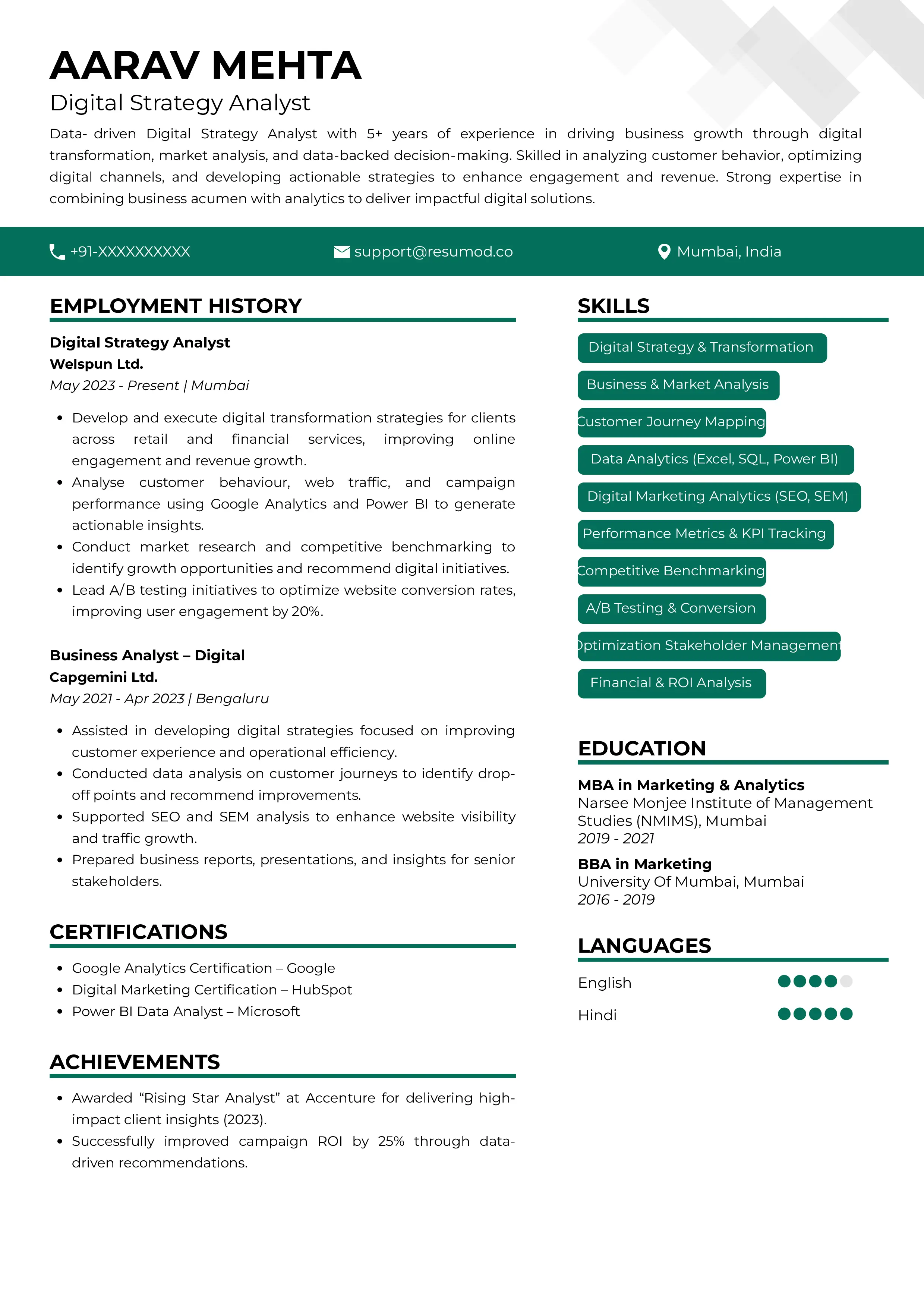 Sample Resume of Digital Strategy Analyst | Free Resume Templates & Samples on Resumod.co