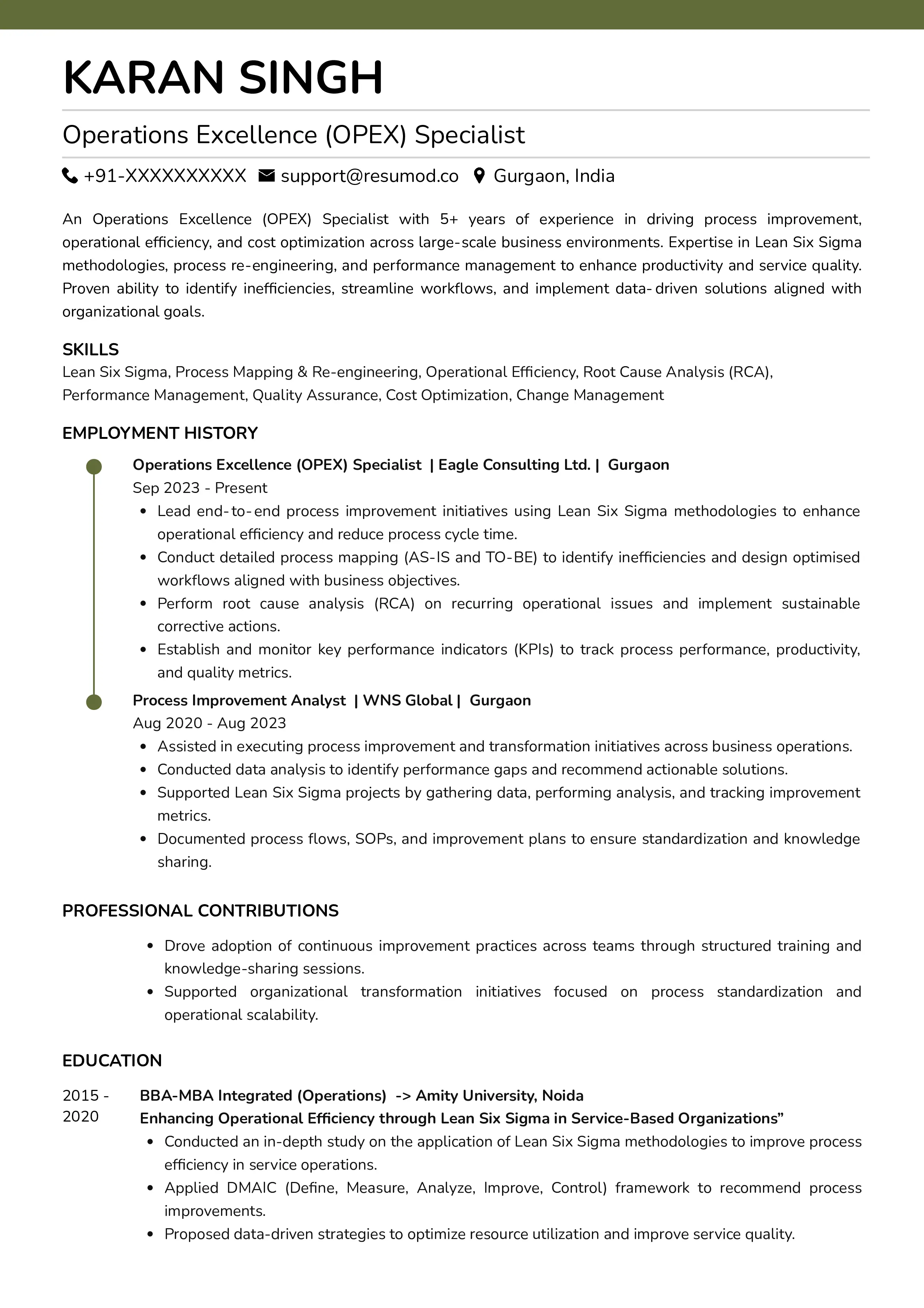 Sample Resume of Operational Excellence (OPEX) Specialist | Free Resume Templates & Samples on Resumod.co