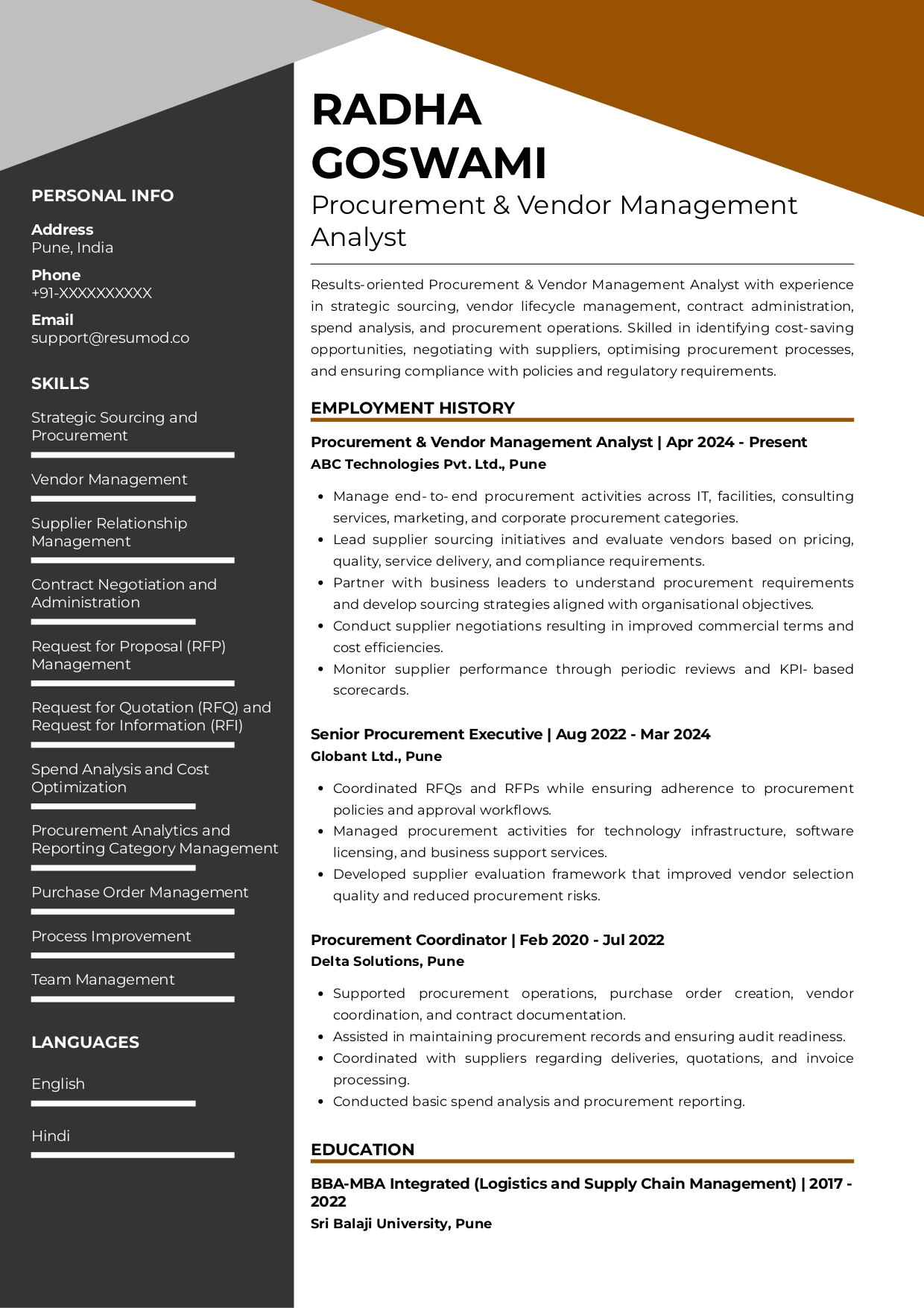 Sample Resume of Procurement & Vendor Management Analyst | Free Resume Templates & Samples on Resumod.co
