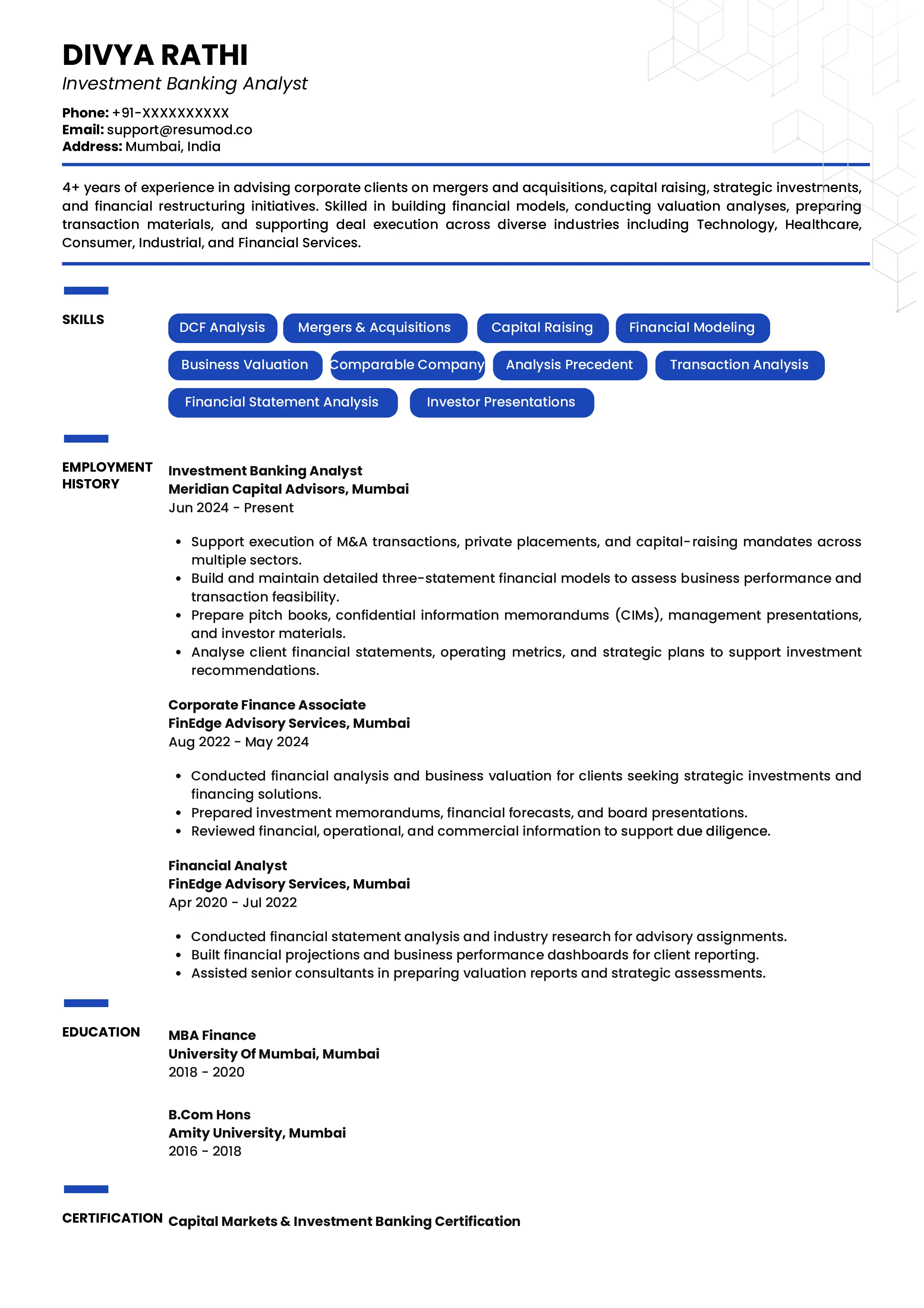 Sample Resume of Investment Banking Analyst | Free Resume Templates & Samples on Resumod.co