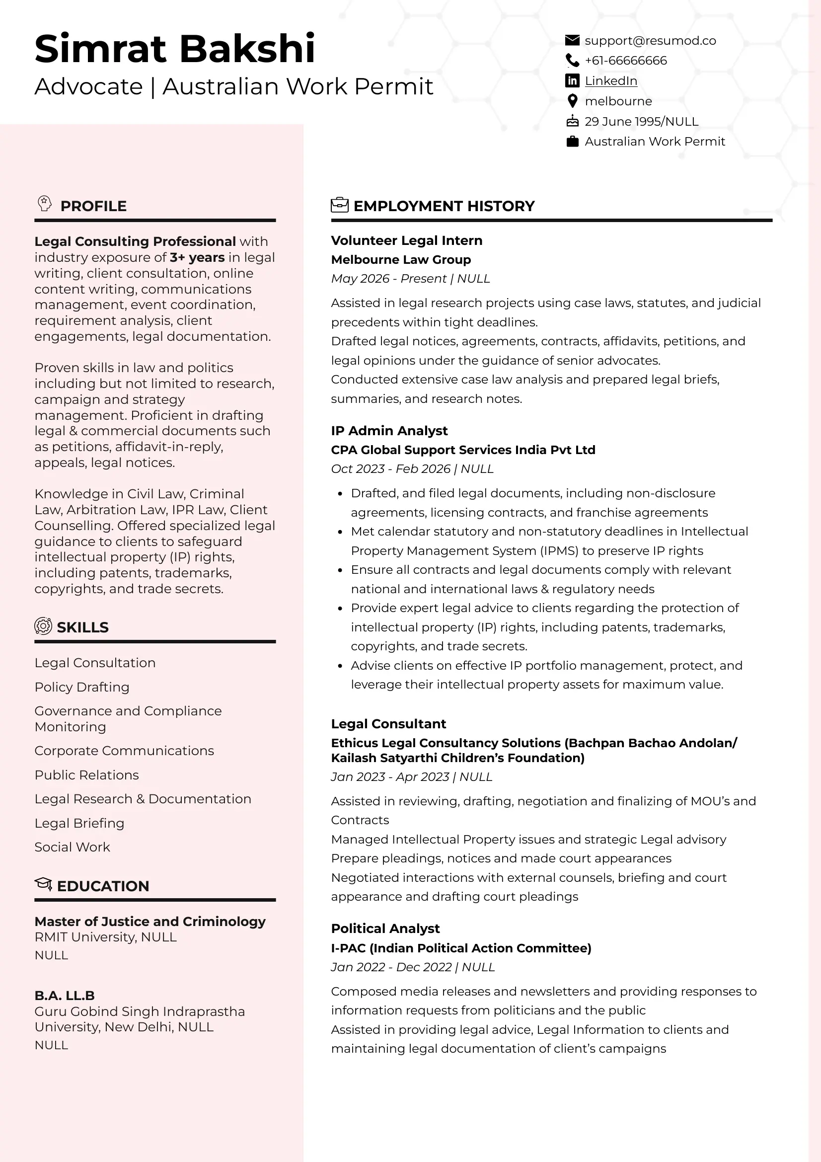 Sample Sample Resume of Lawyer | Legal CV | Australia | Free Resume Templates & Samples on Resumod.co