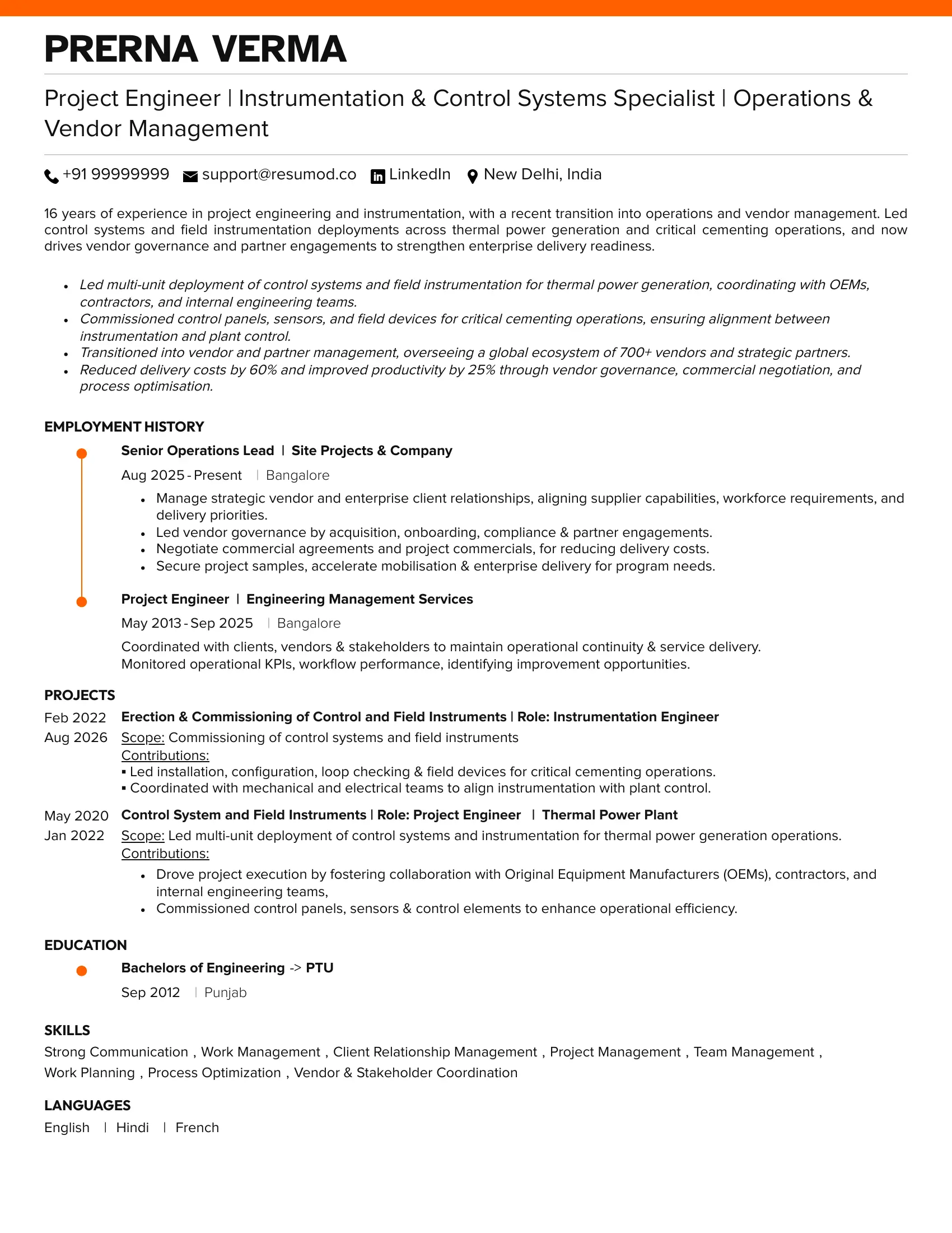 Sample Sample Resume of Project Engineer (Instrumentation & Control Systems) | Free Resume Templates & Samples on Resumod.co