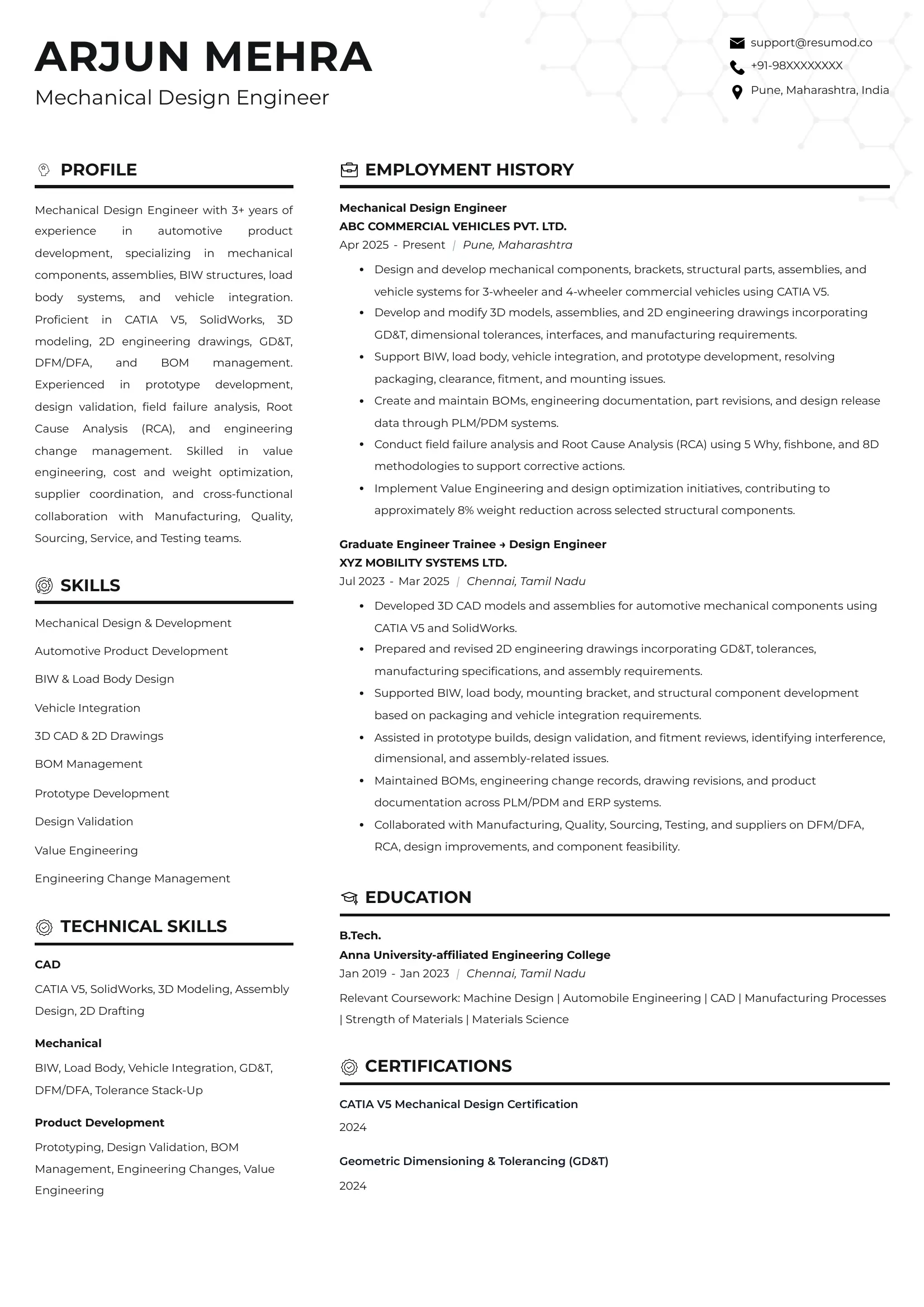 Sample Mechanical Design Engineer | Free Resume Templates & Samples on Resumod.co