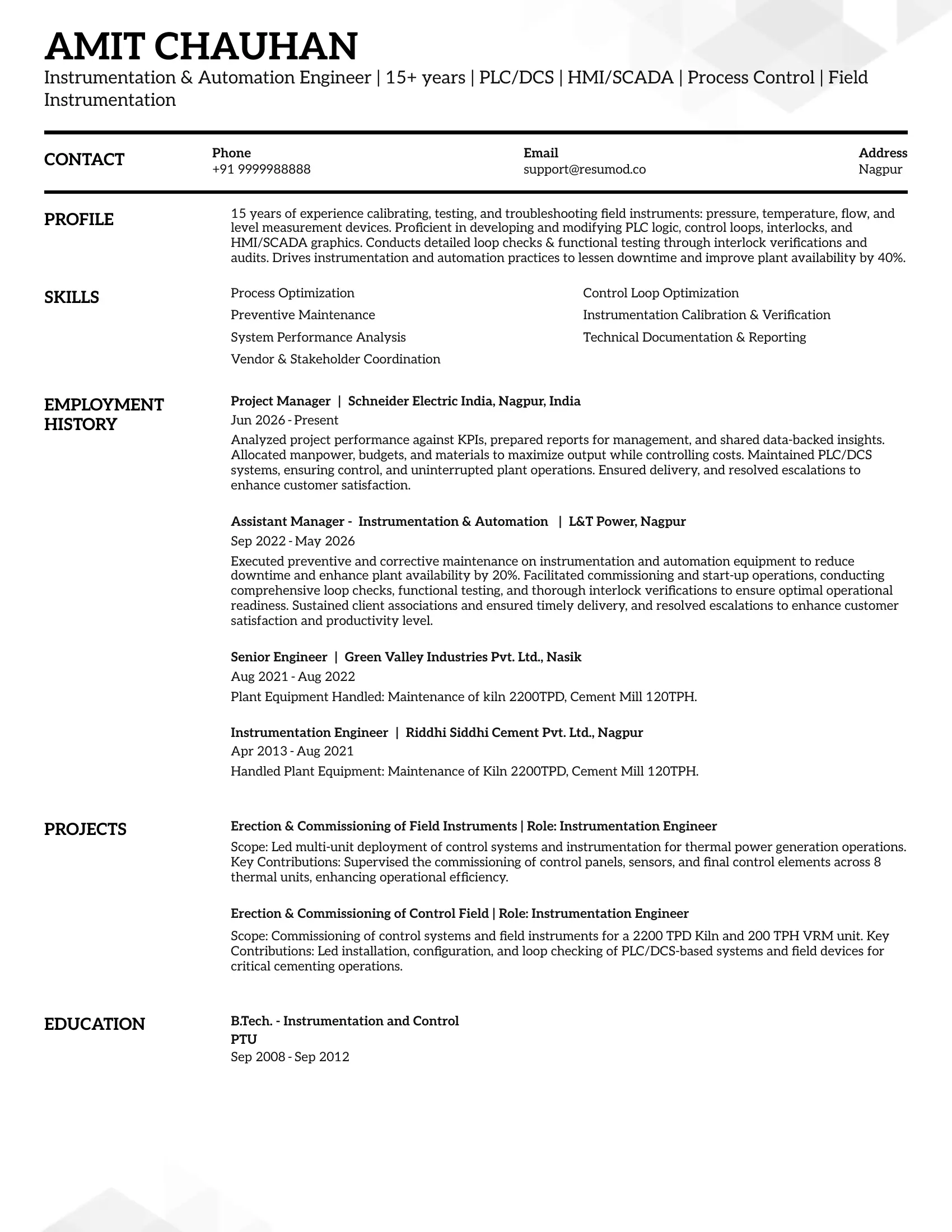 Sample Instrumentation & Automation Engineer | Free Resume Templates & Samples on Resumod.co
