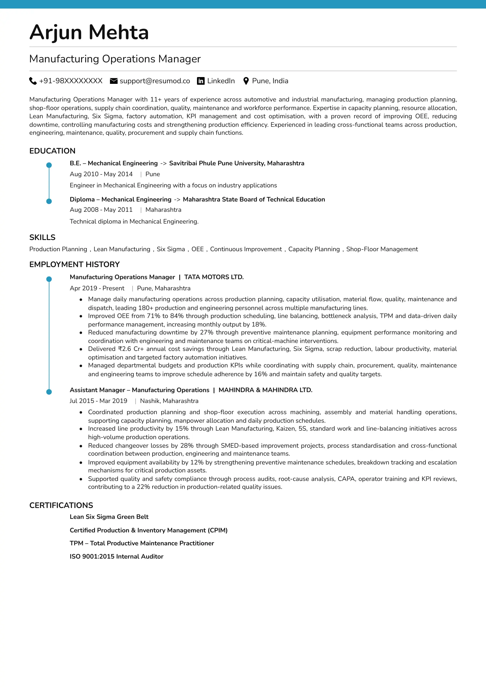 Sample Sample Resume of Manufacturing Operations Manager | Free Resume Templates & Samples on Resumod.co