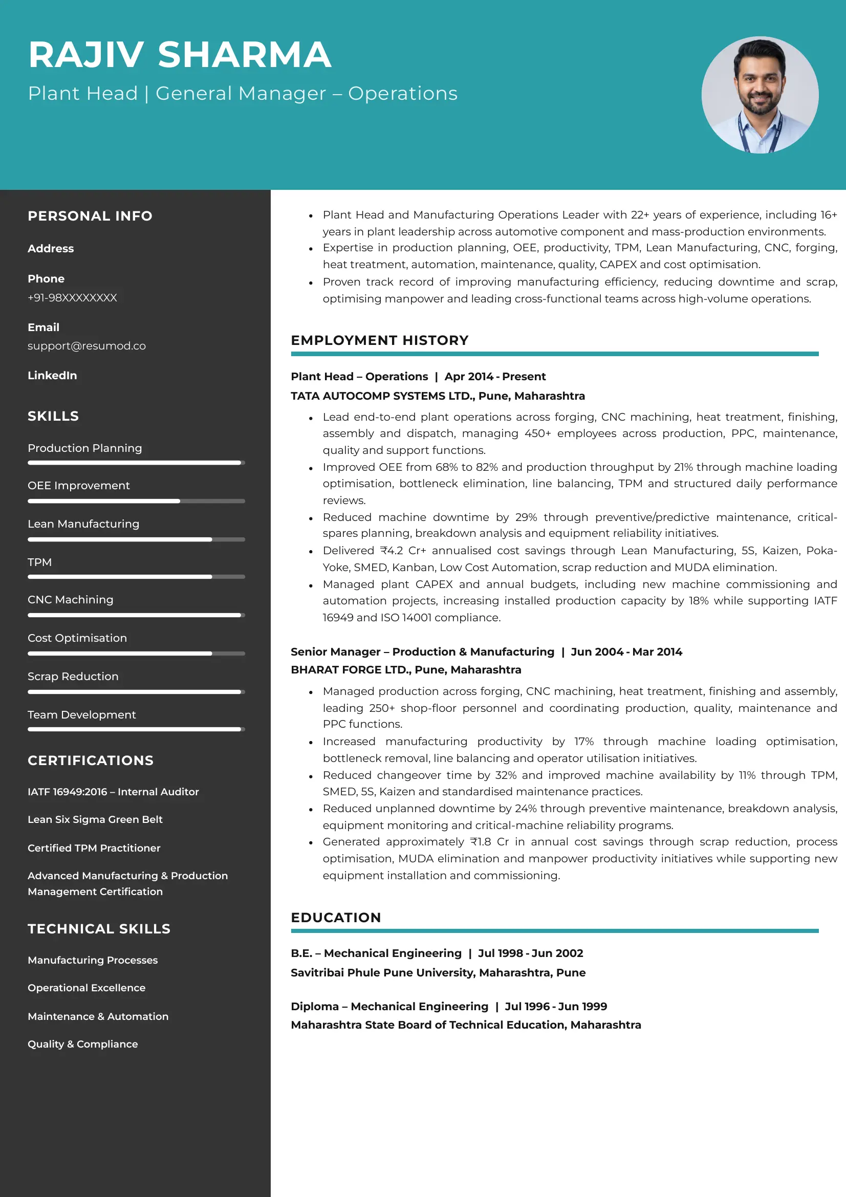 Sample Sample Resume of Plant Head & General Manager | Free Resume Templates & Samples on Resumod.co